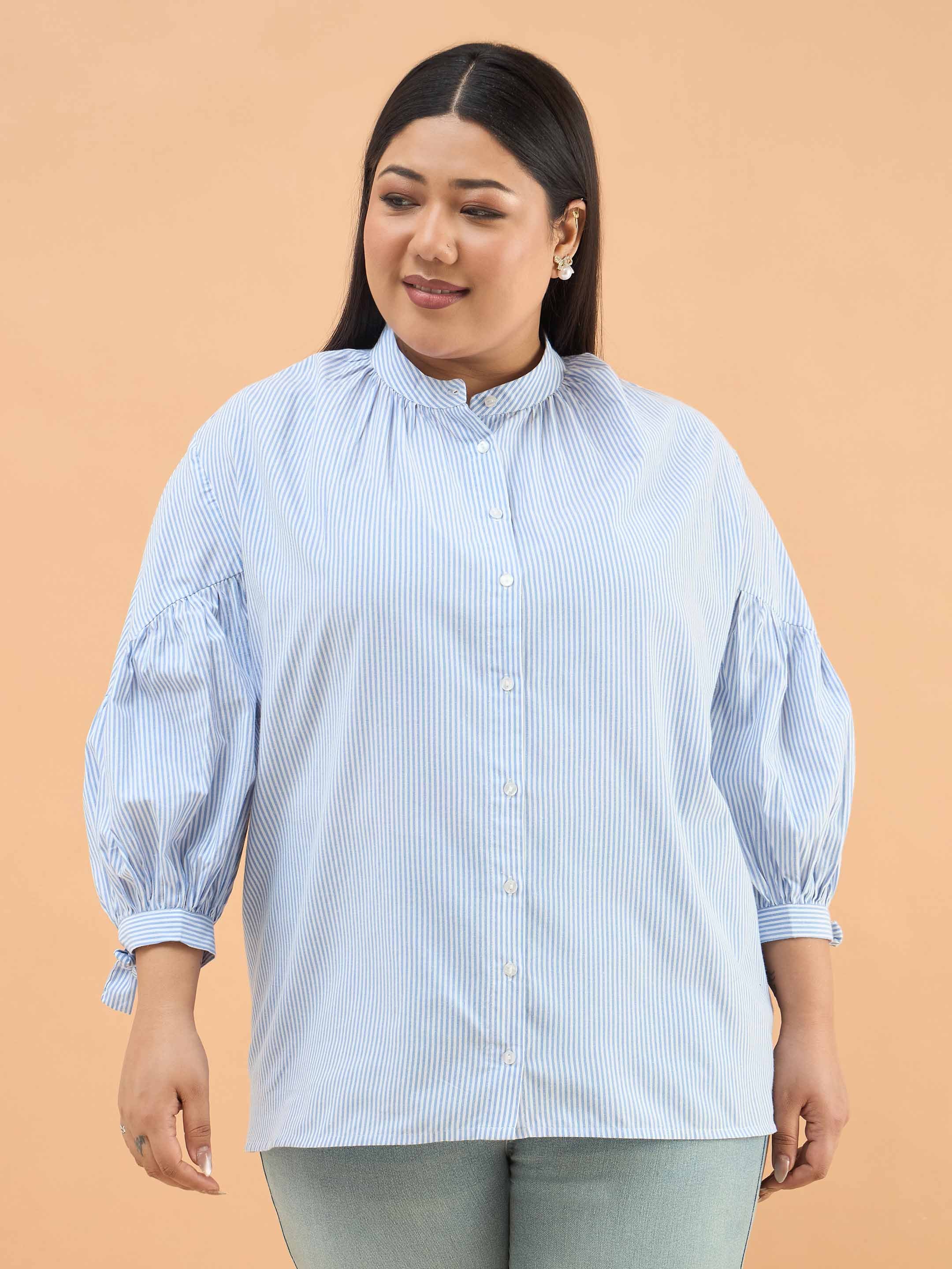 Blue Striped Mandarin Collar Tie Knot Detail Shirt
