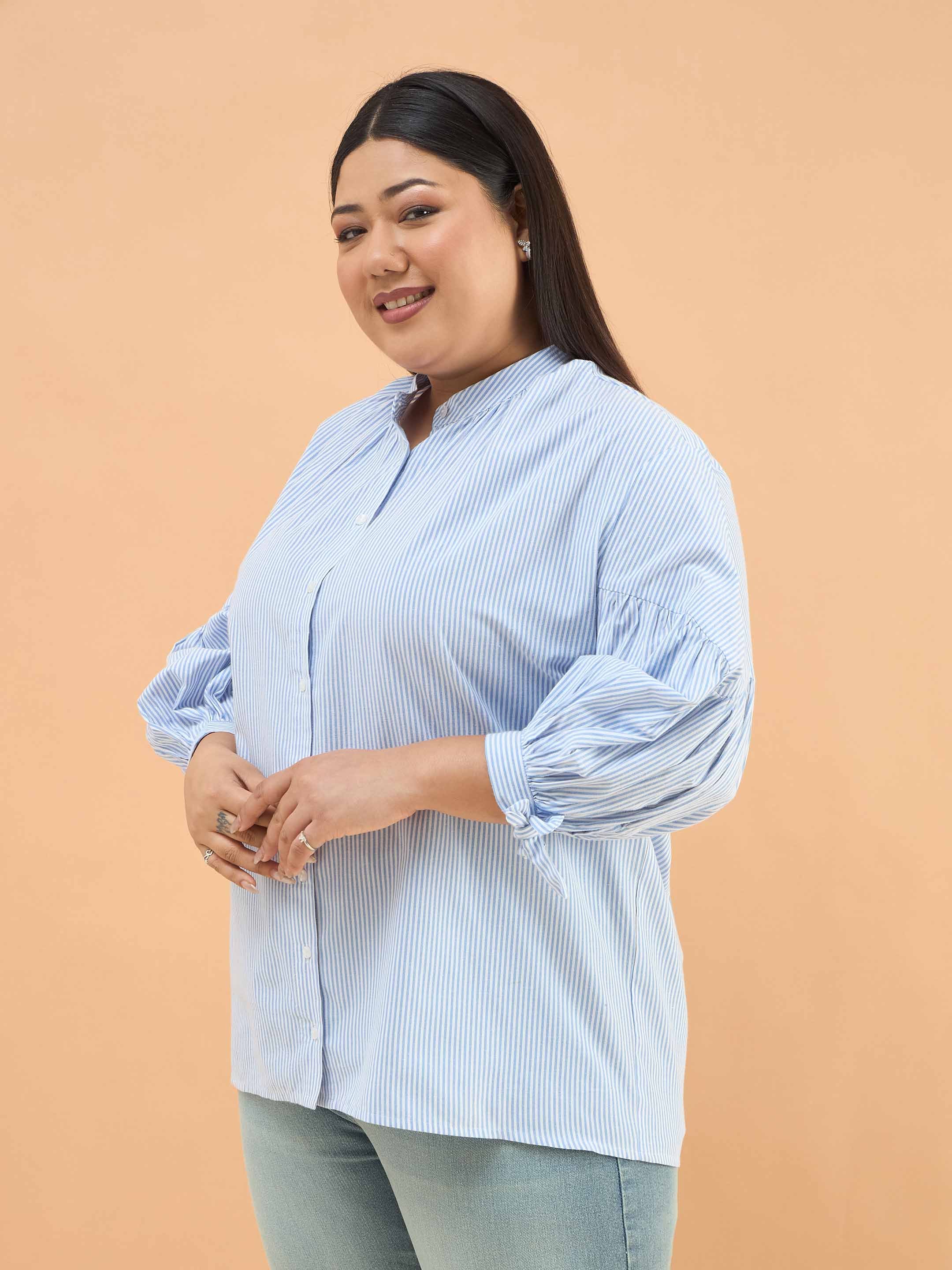 Blue Striped Mandarin Collar Tie Knot Detail Shirt