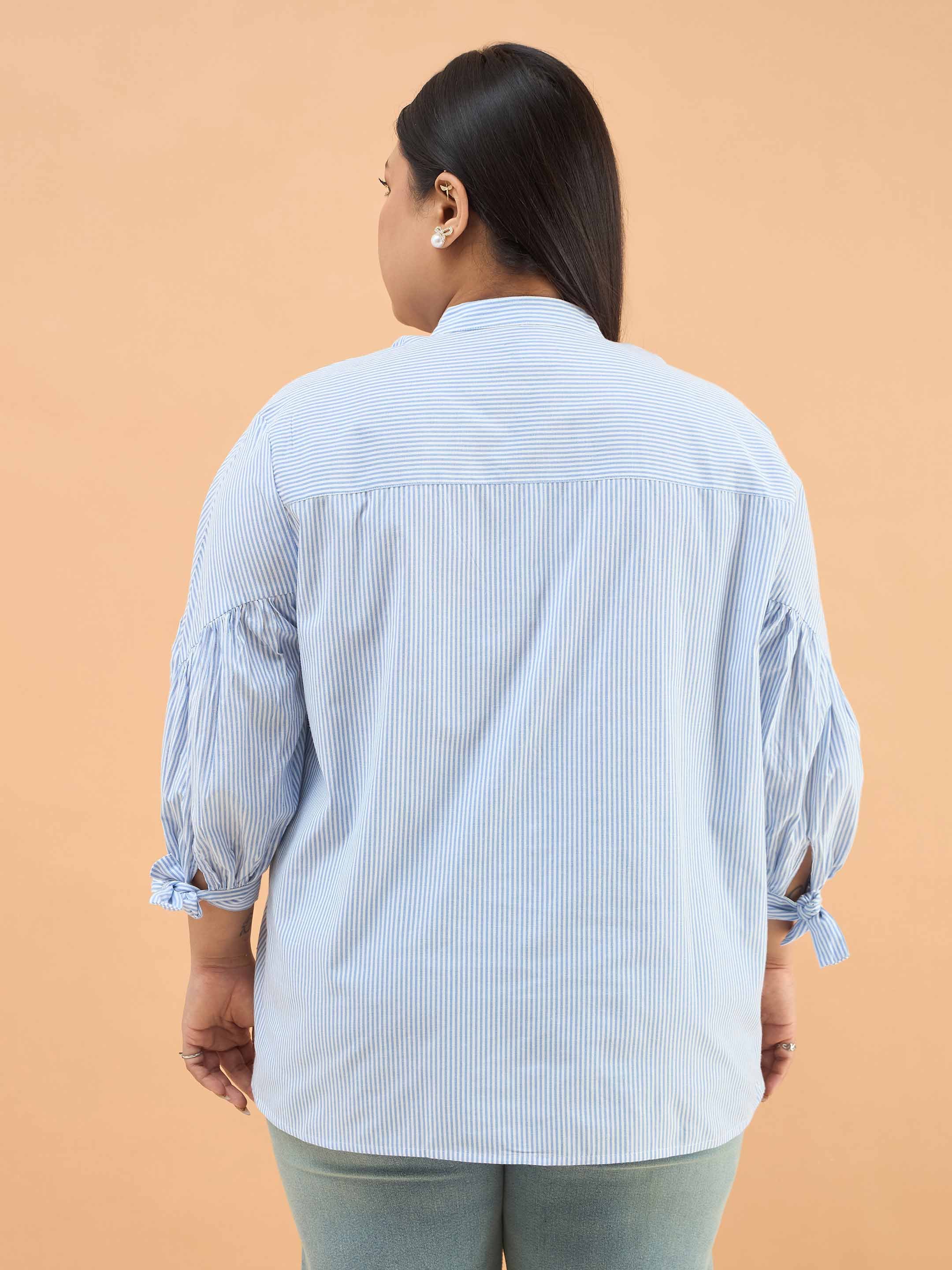 Blue Striped Mandarin Collar Tie Knot Detail Shirt