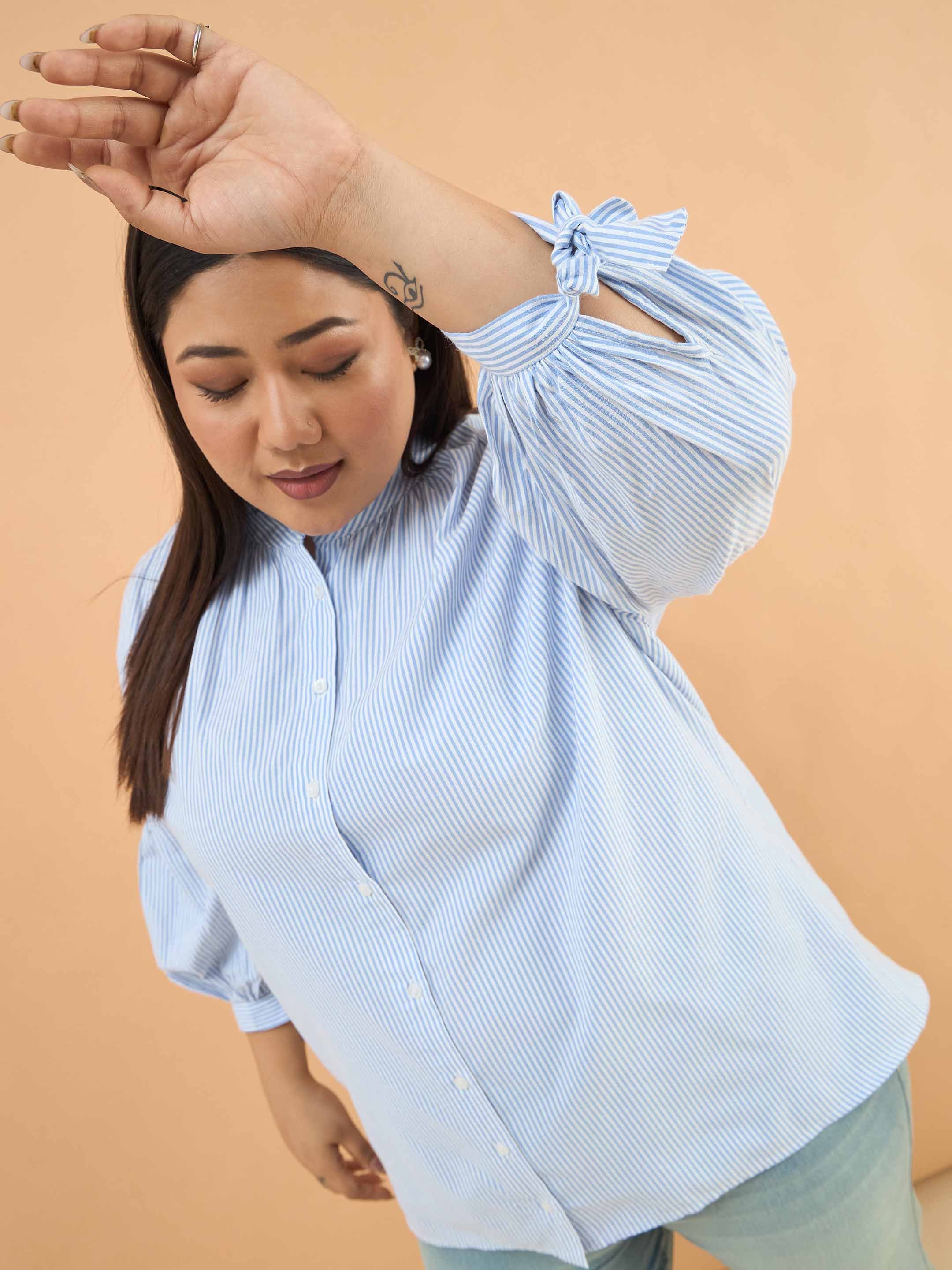 Blue Striped Mandarin Collar Tie Knot Detail Shirt