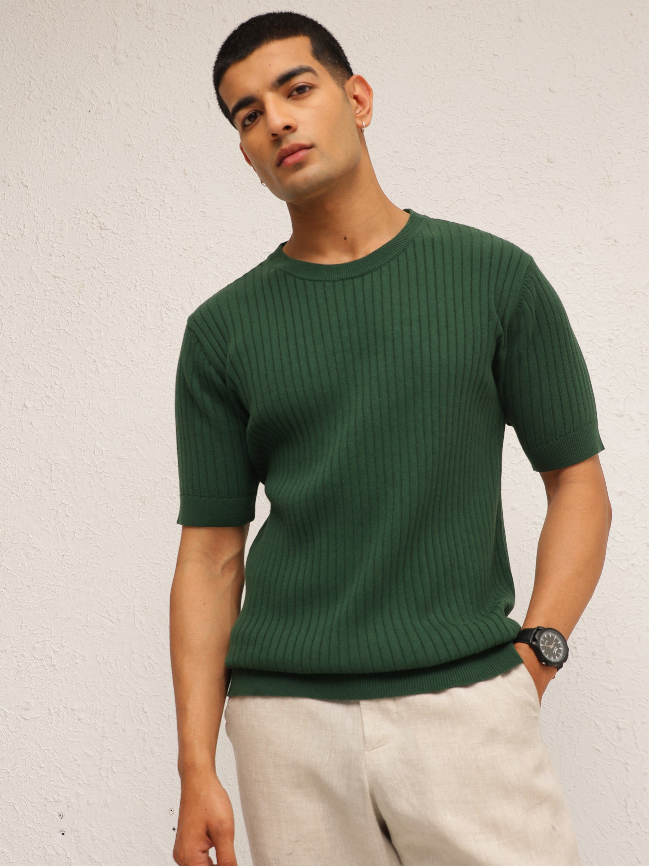 Men Emelard Green Round Neck Relaxed Fit T-Shirt