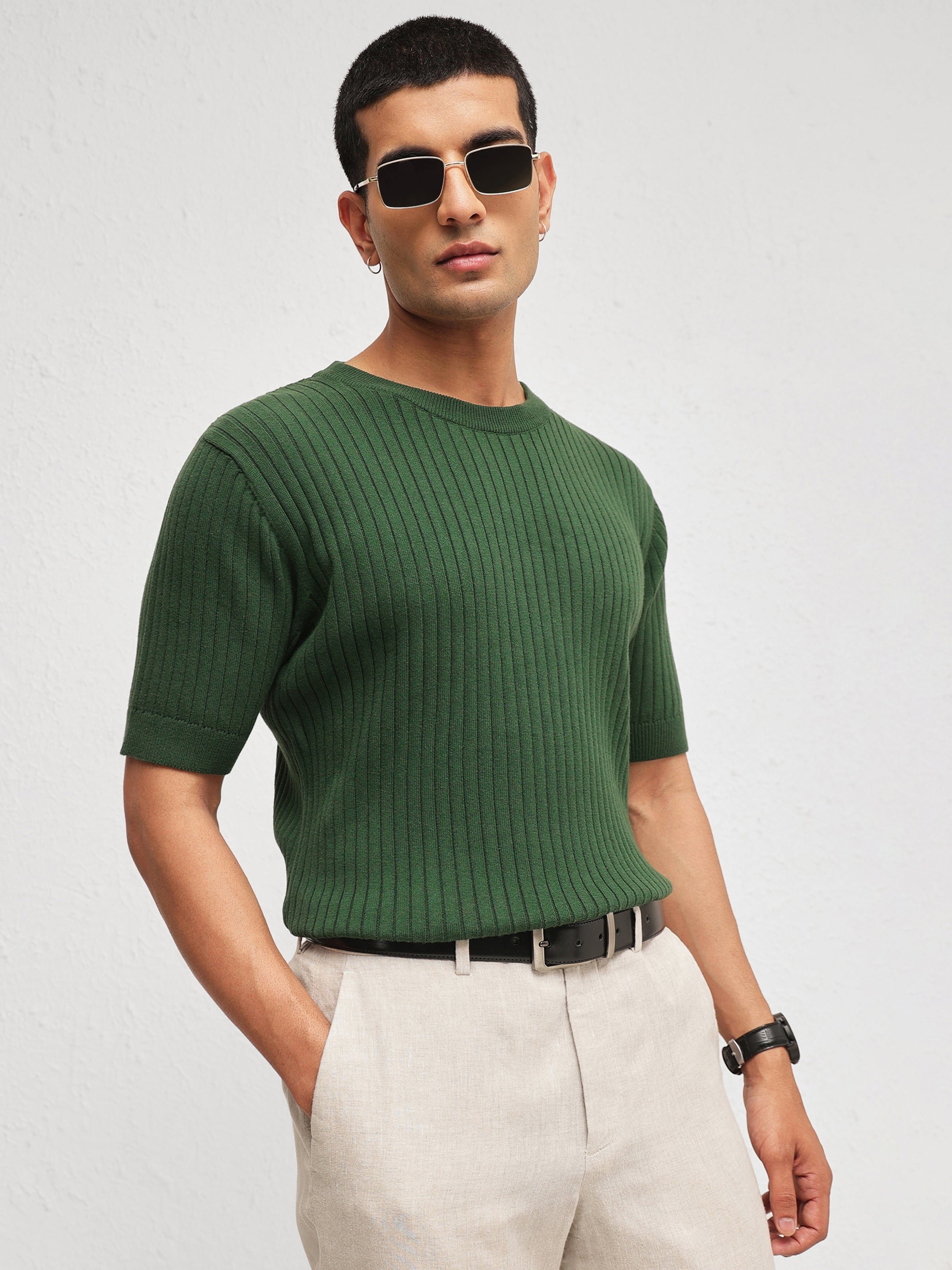 Men Emelard Green Round Neck Relaxed Fit T-Shirt