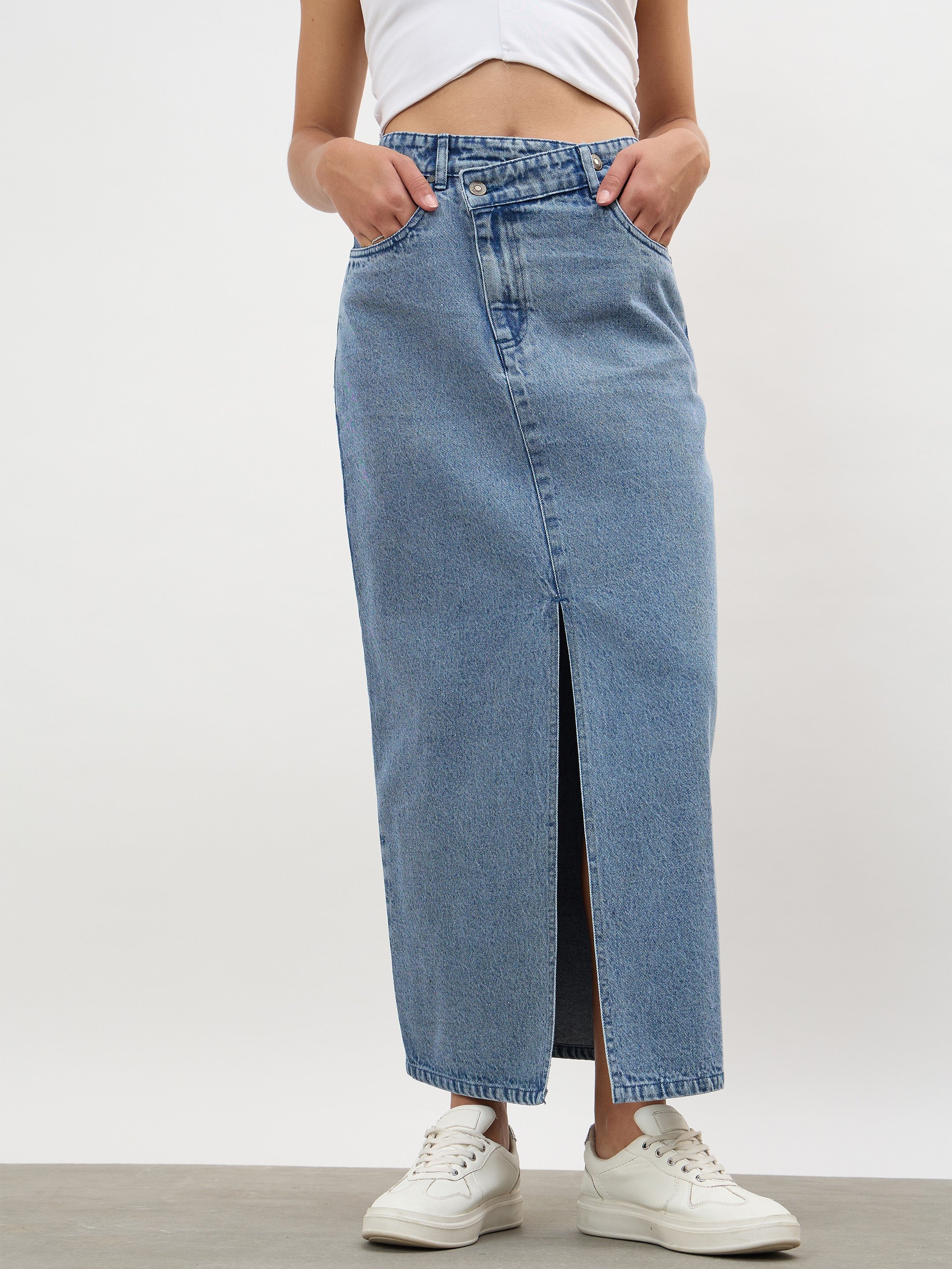 Blue Asymmetrical Waist Front Slit Denim Maxi Skirt