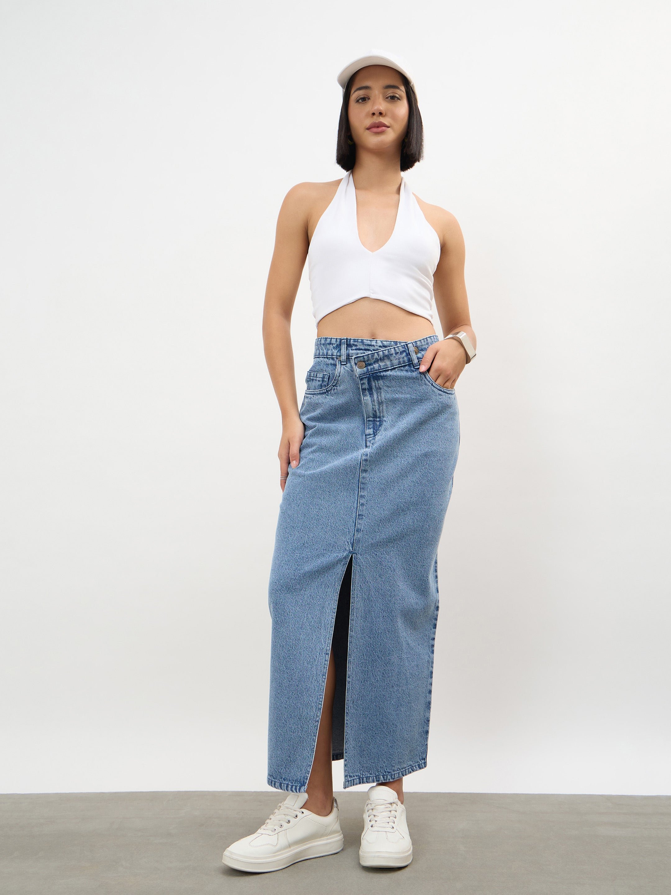 Blue Asymmetrical Waist Front Slit Denim Maxi Skirt