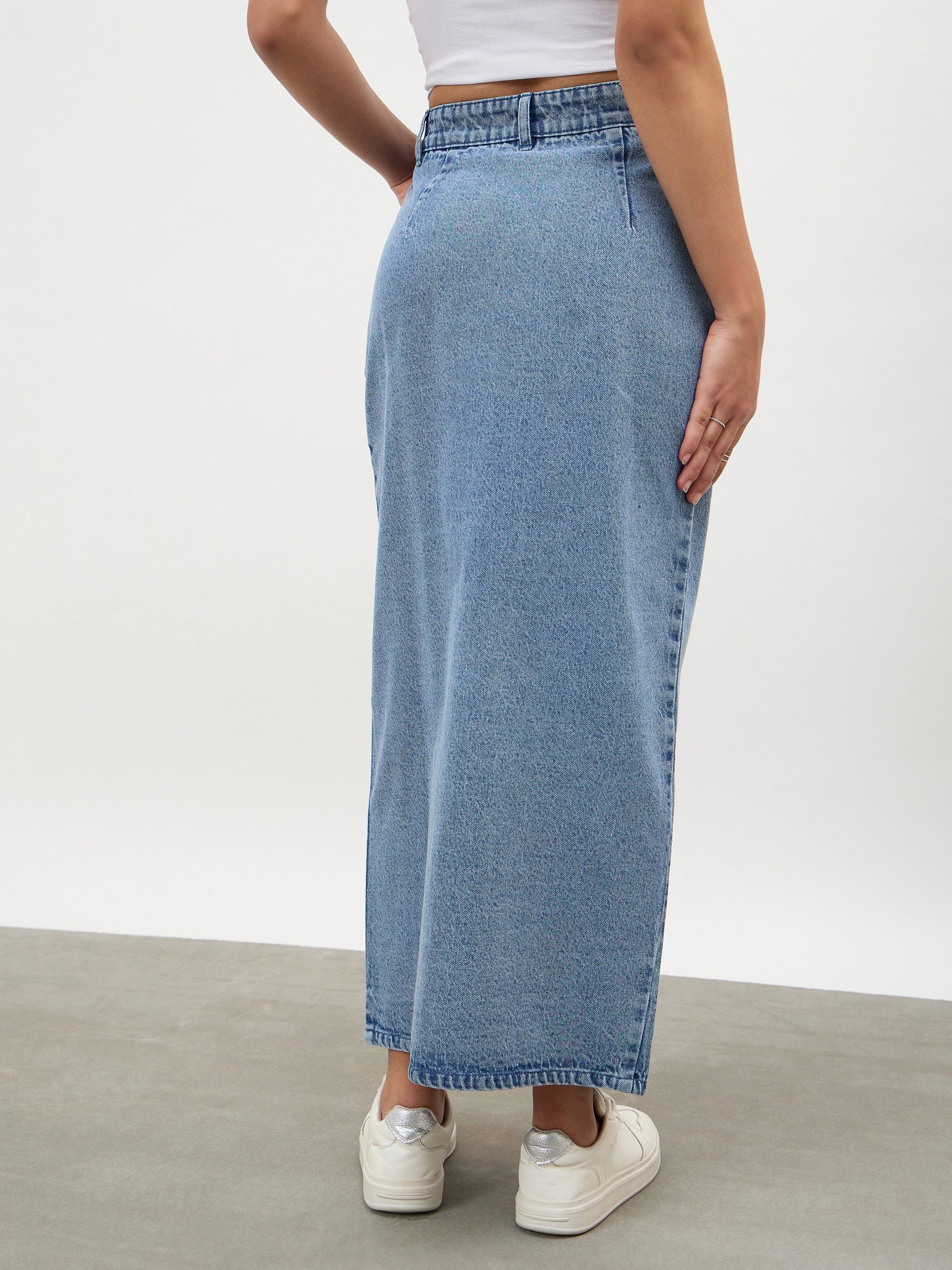 Blue Asymmetrical Waist Front Slit Denim Maxi Skirt