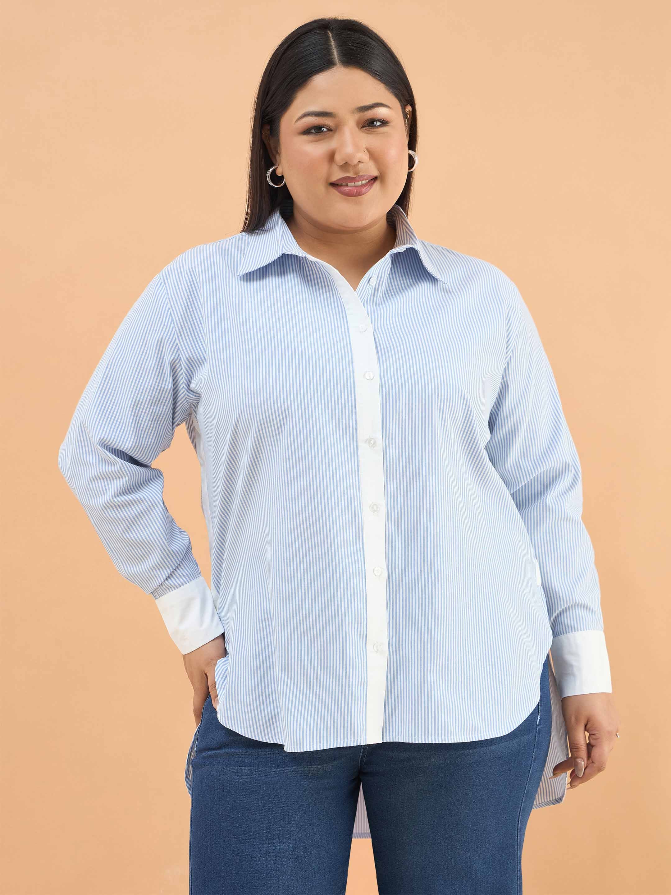 Blue Striped Contrast Trims Long Sleeves Shirt