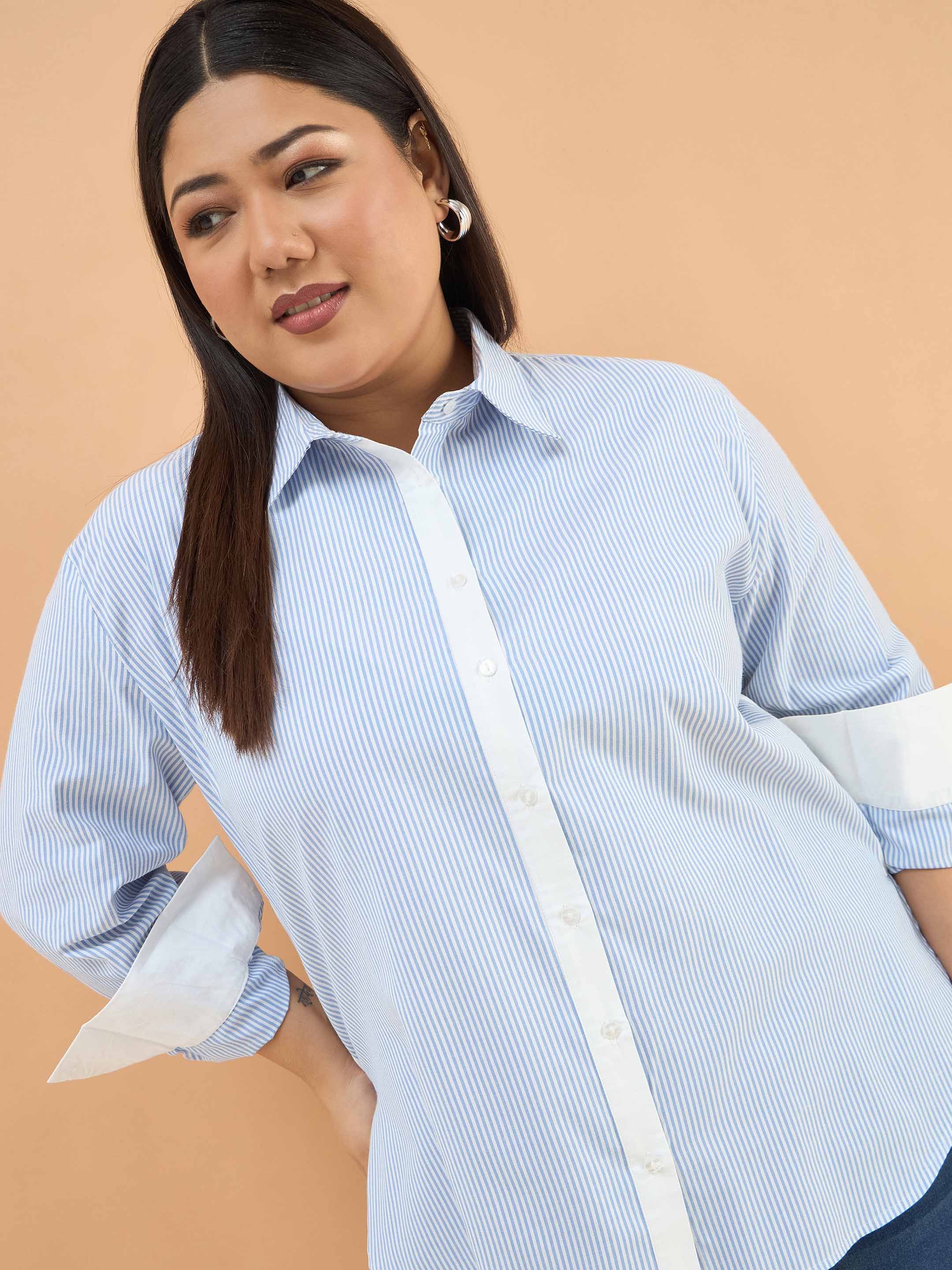 Blue Striped Contrast Trims Long Sleeves Shirt