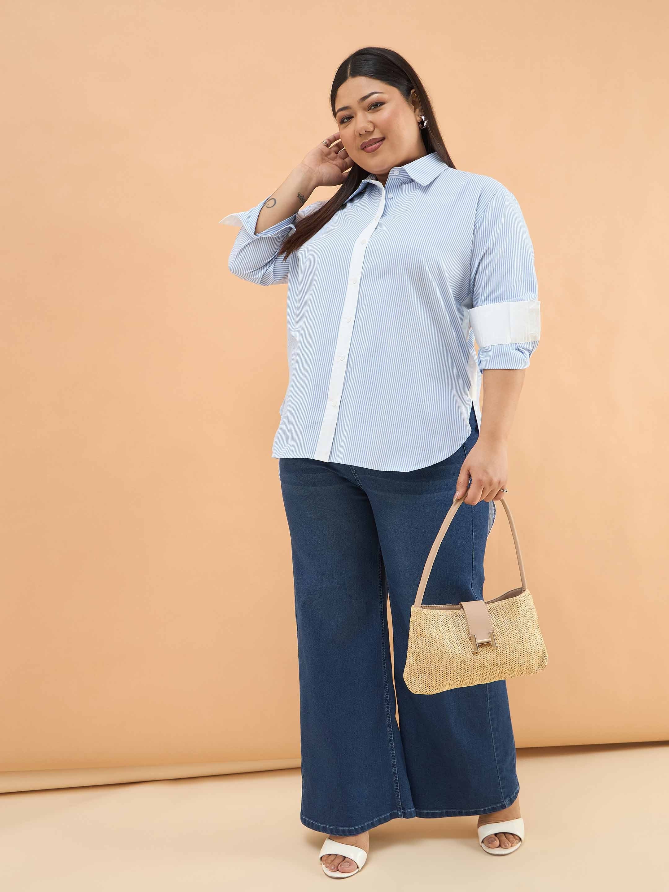 Blue Striped Contrast Trims Long Sleeves Shirt
