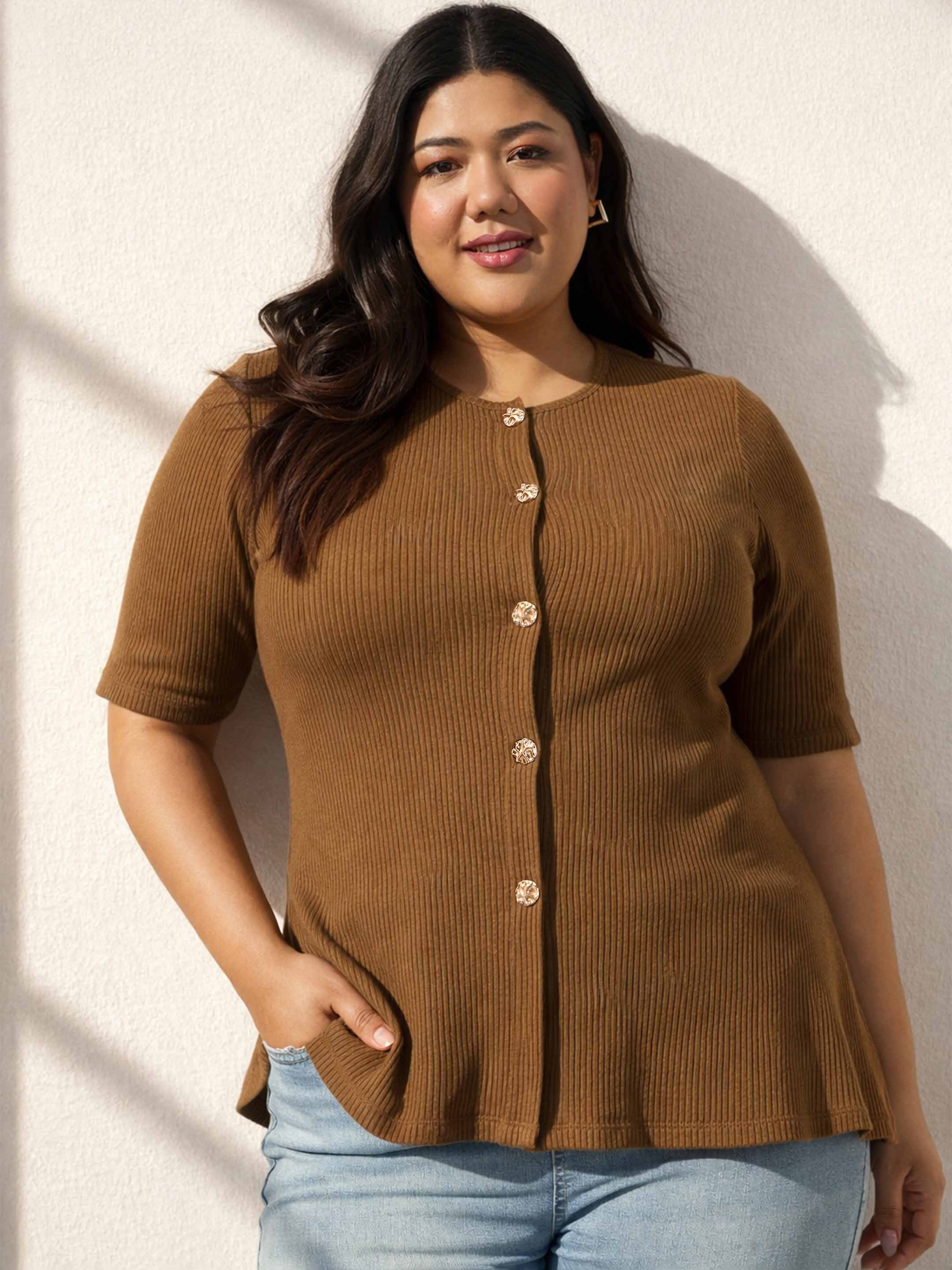 Brown Plus Rib Button Down Peplum Top