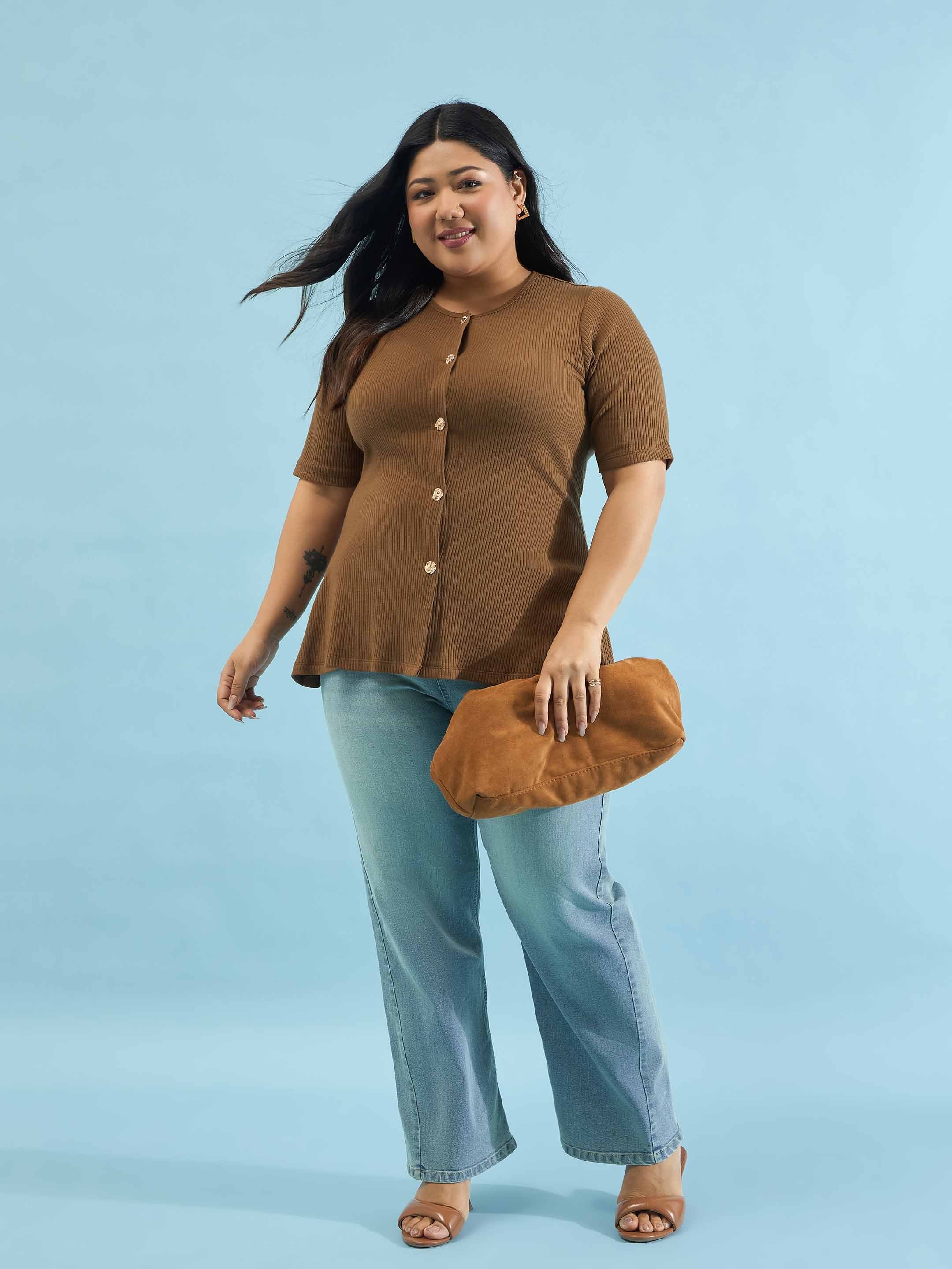 Brown Plus Rib Button Down Peplum Top