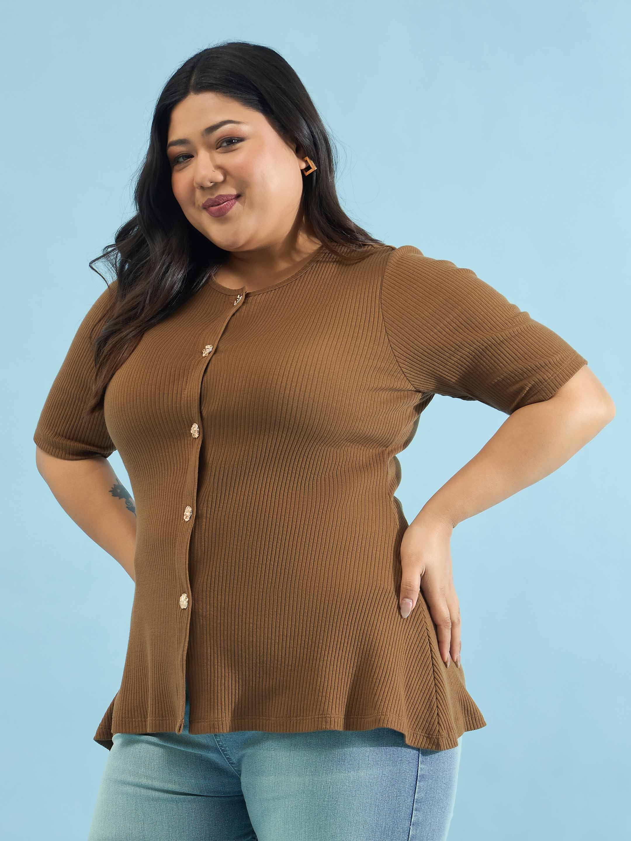 Brown Plus Rib Button Down Peplum Top