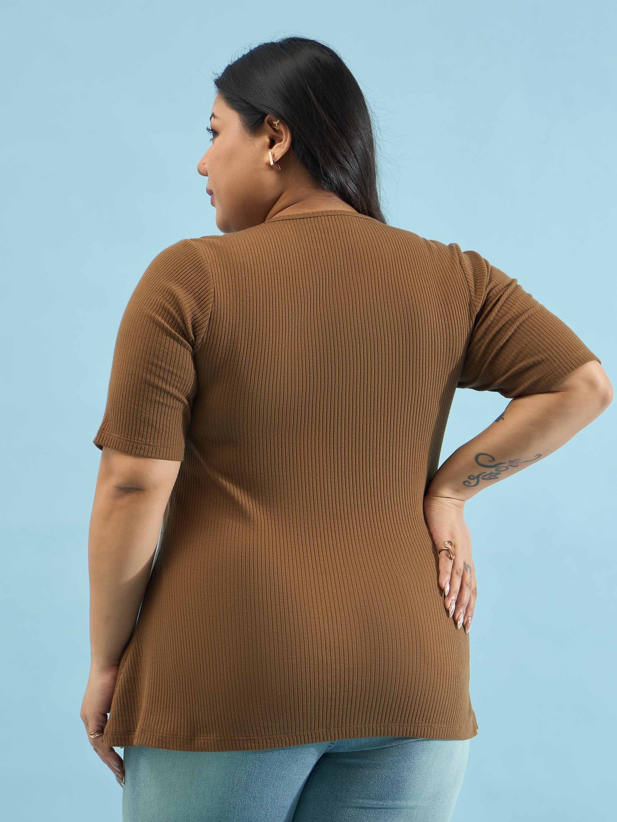 Brown Plus Rib Button Down Peplum Top