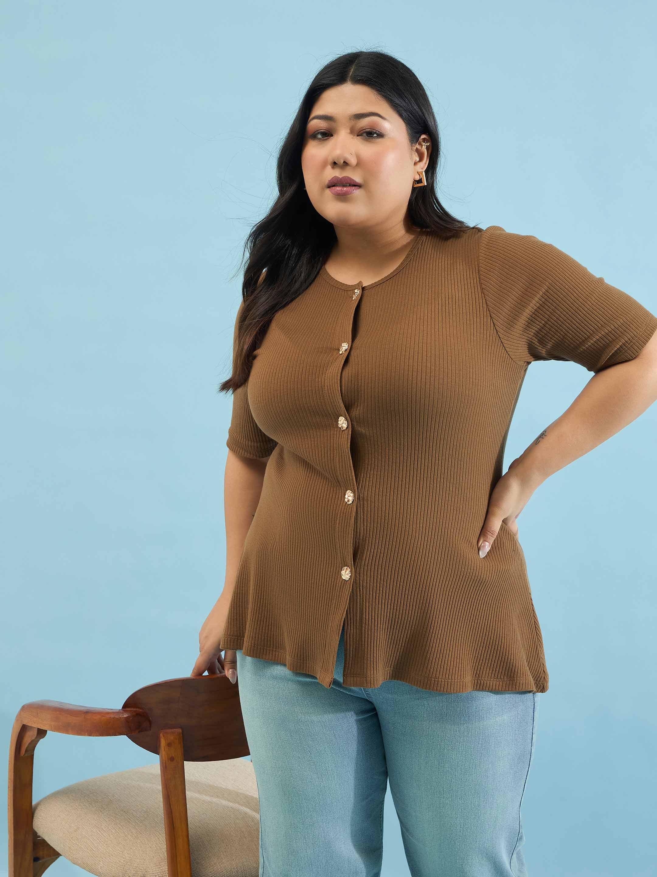 Brown Plus Rib Button Down Peplum Top