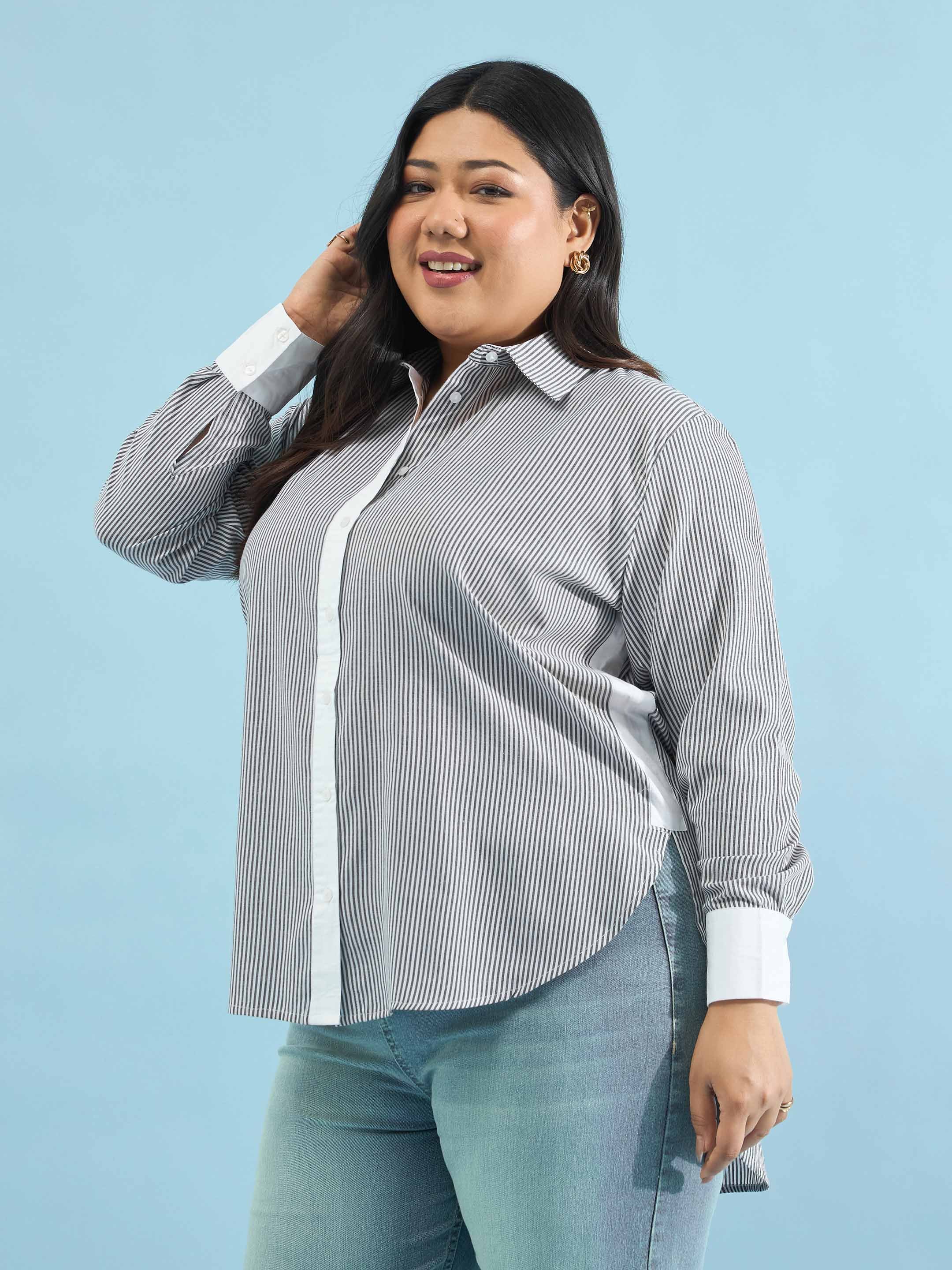 Plus Size Striped Contrast Trims Regular Fit Shirt