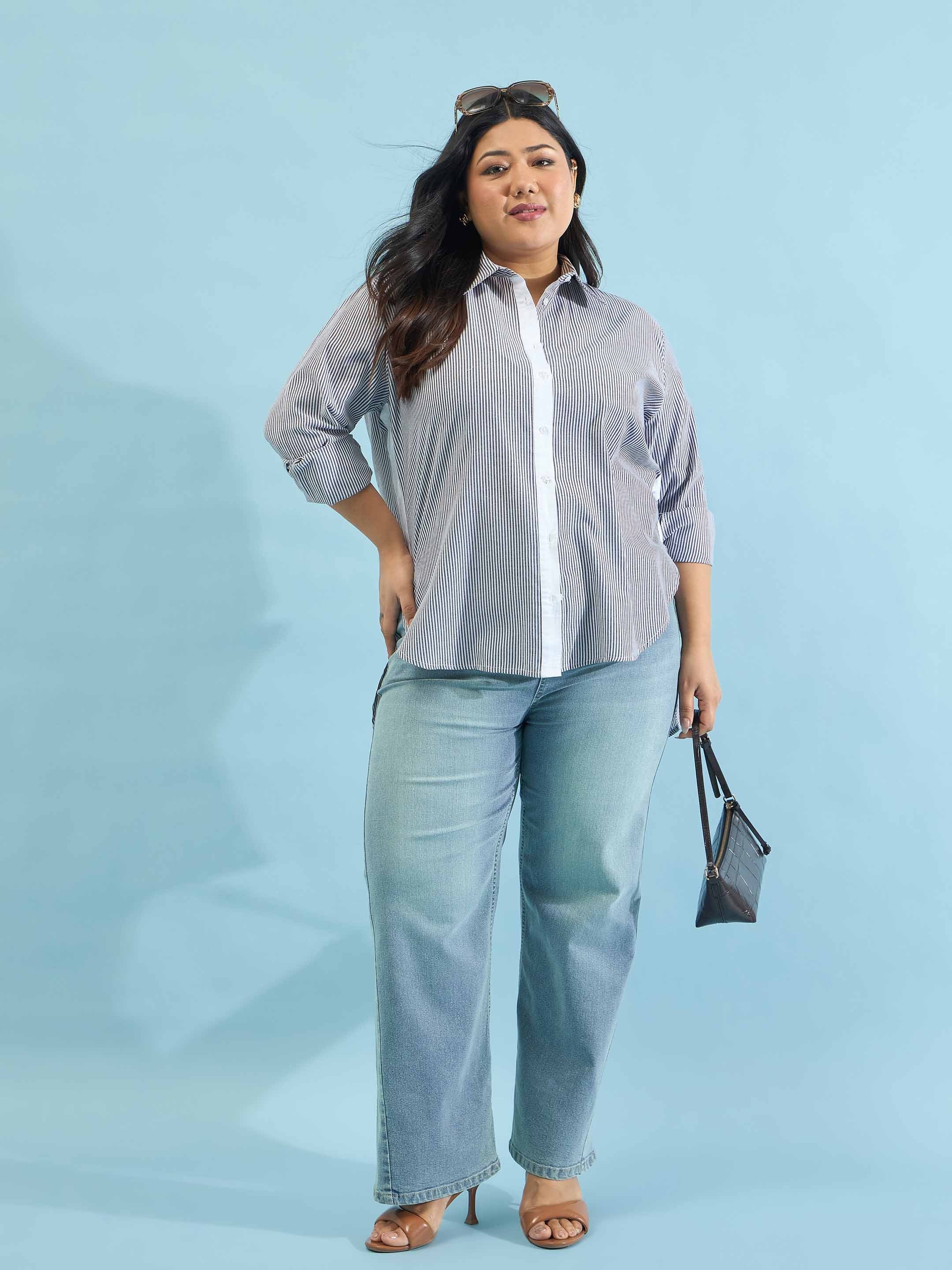 Plus Size Striped Contrast Trims Regular Fit Shirt