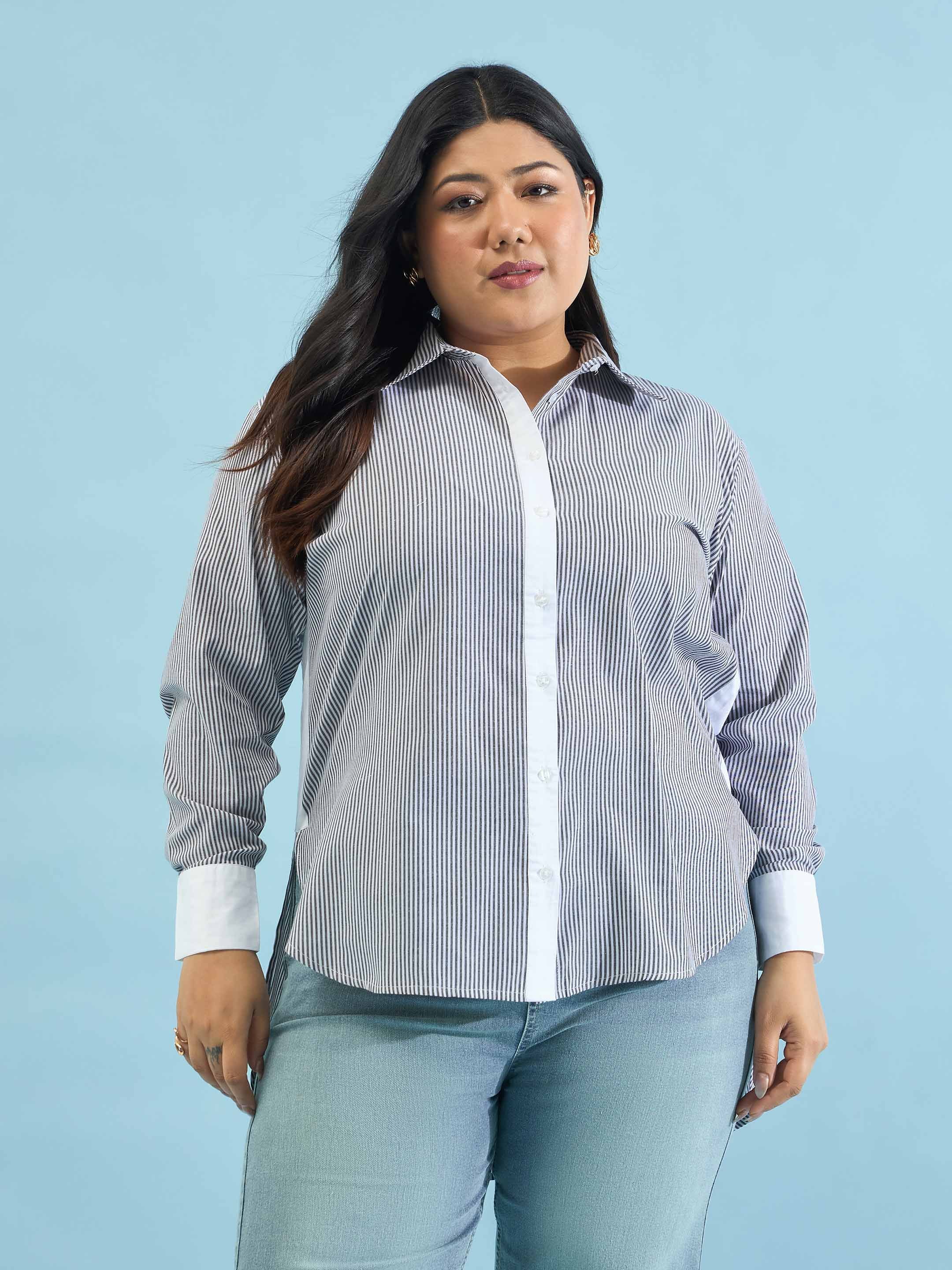 Plus Size Striped Contrast Trims Regular Fit Shirt