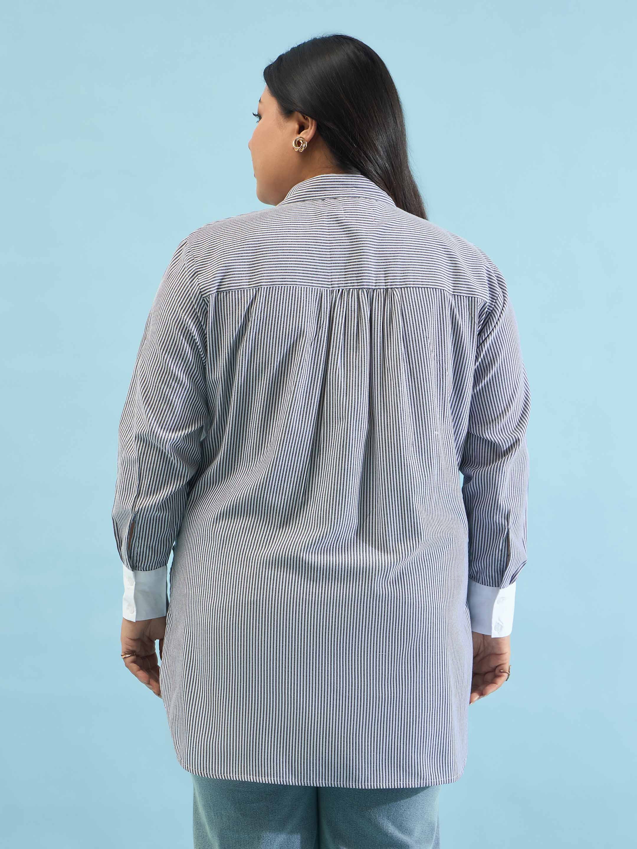 Plus Size Striped Contrast Trims Regular Fit Shirt