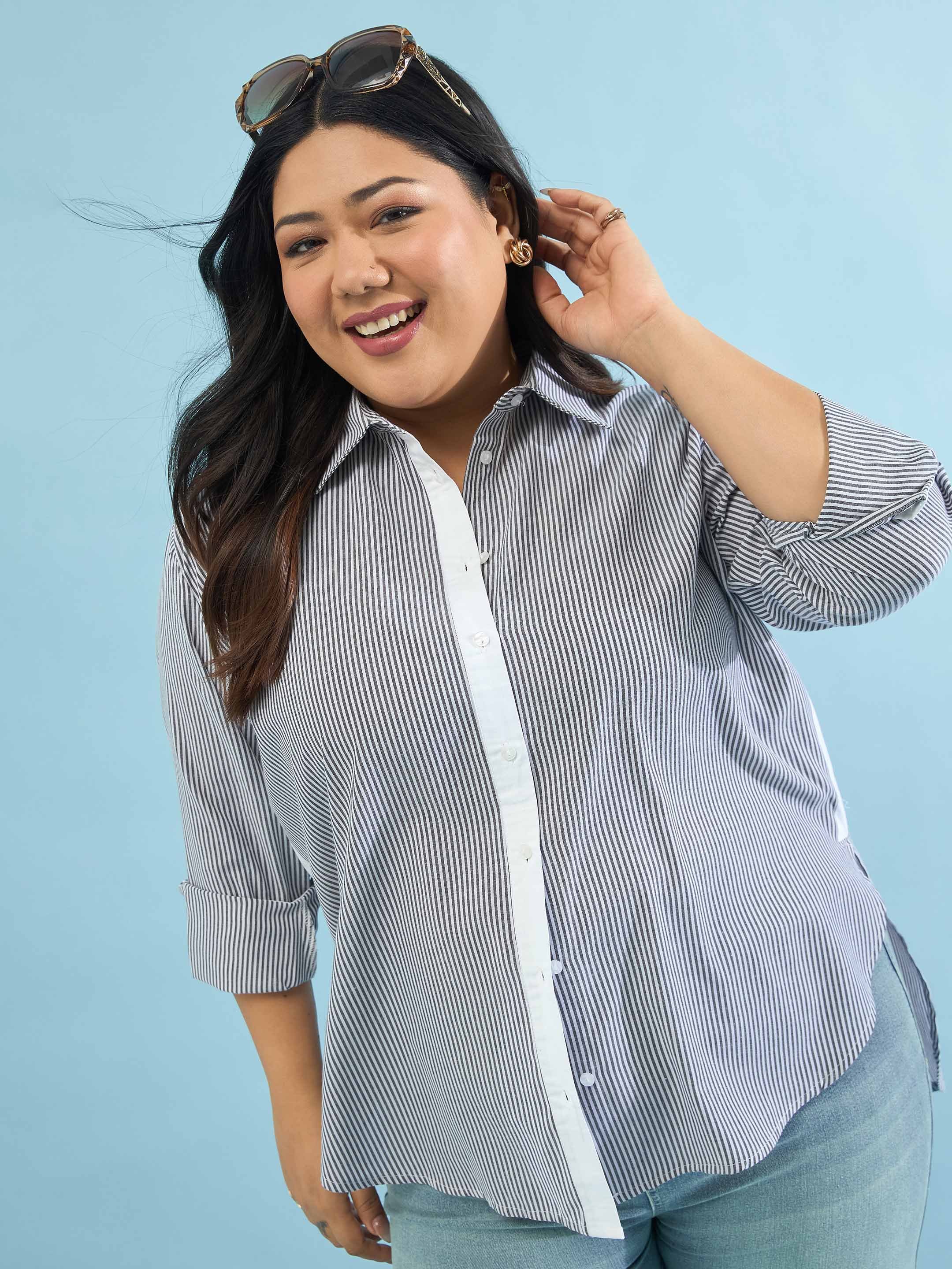 Plus Size Striped Contrast Trims Regular Fit Shirt