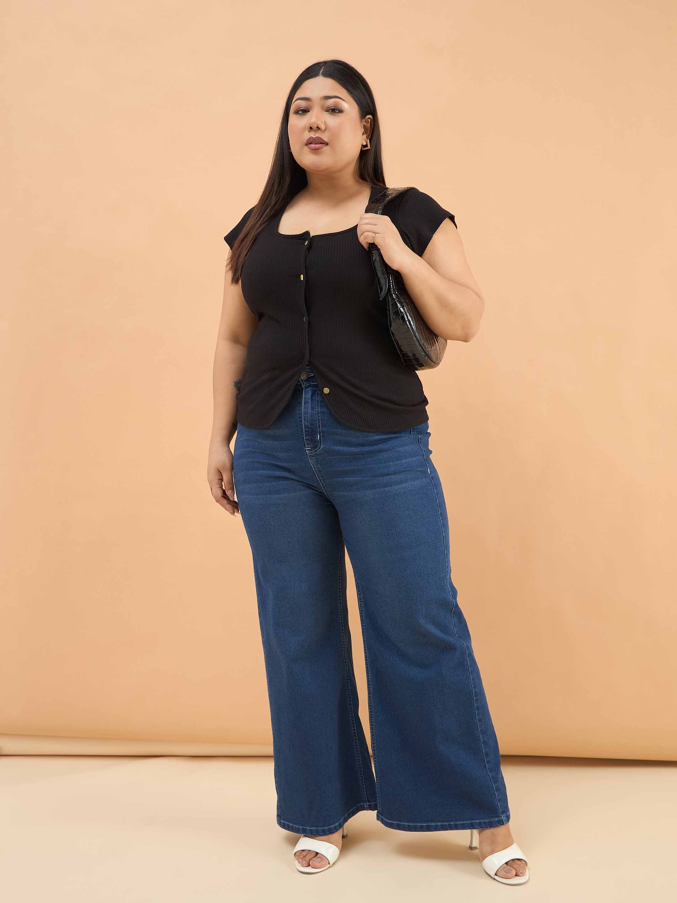 Black Plus Rib Square-Neck Button Down Top