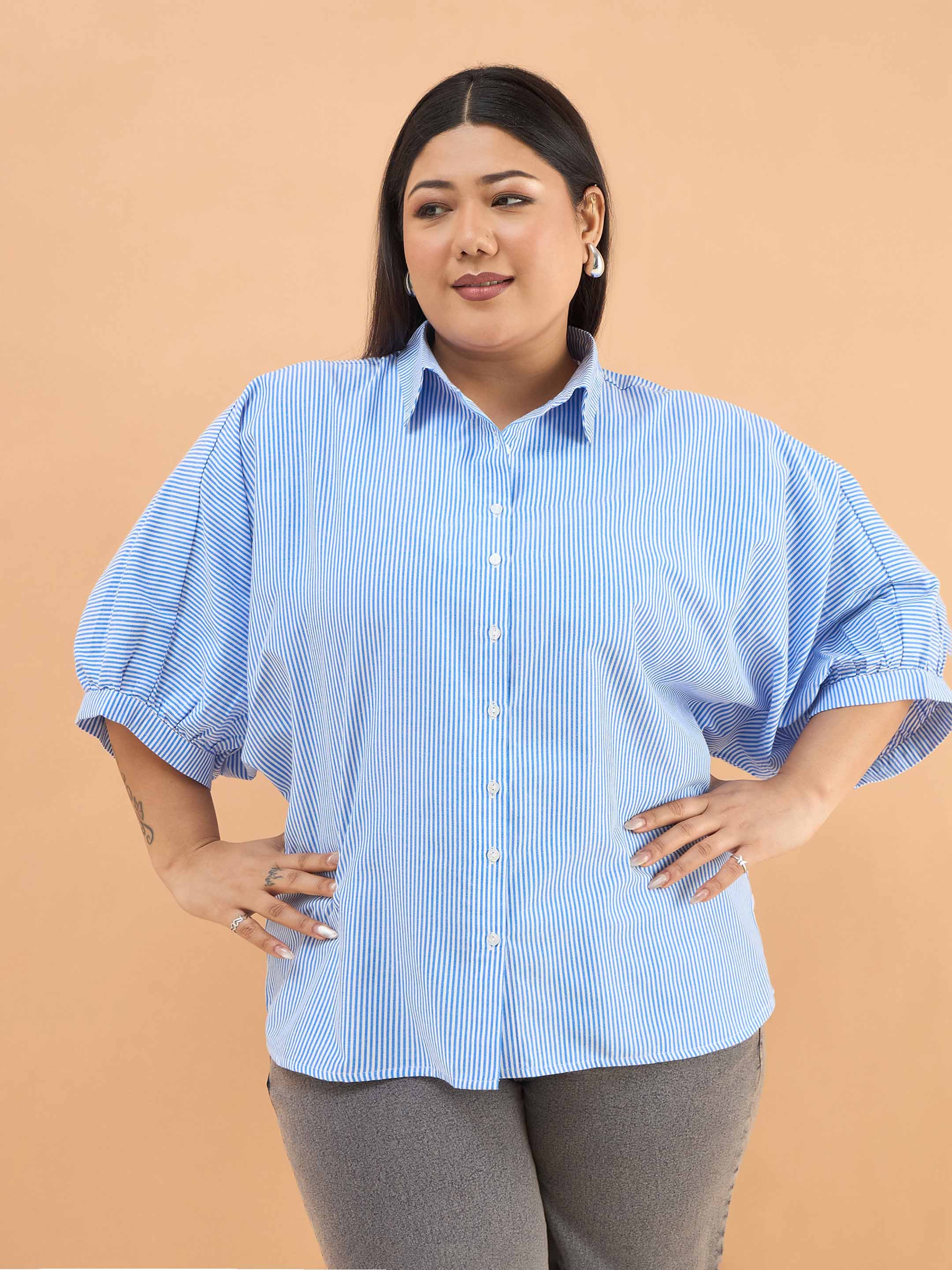 Plus Size Blue Stripes Kimono Sleeves Regular Fit Shirt