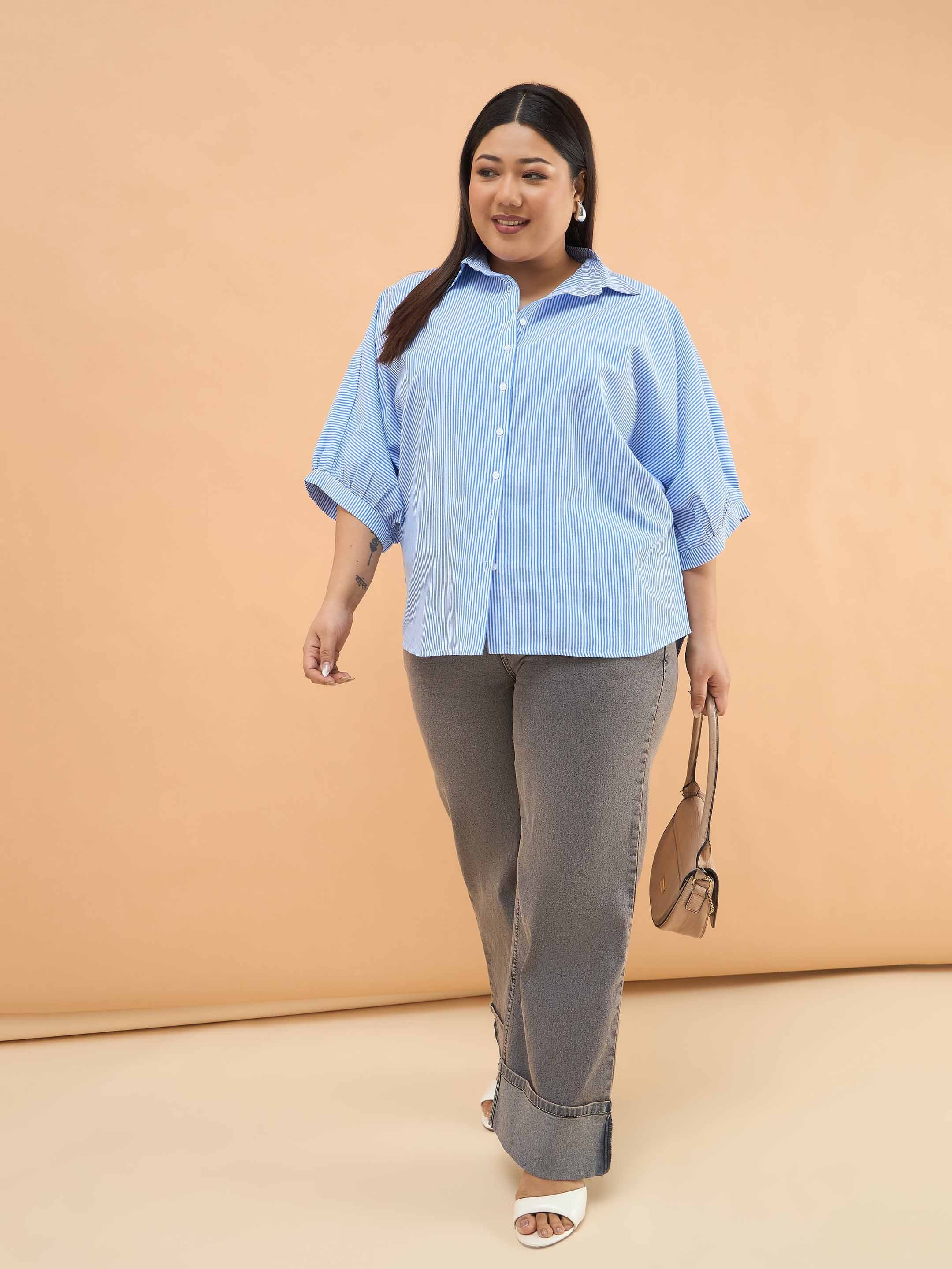 Plus Size Blue Stripes Kimono Sleeves Regular Fit Shirt