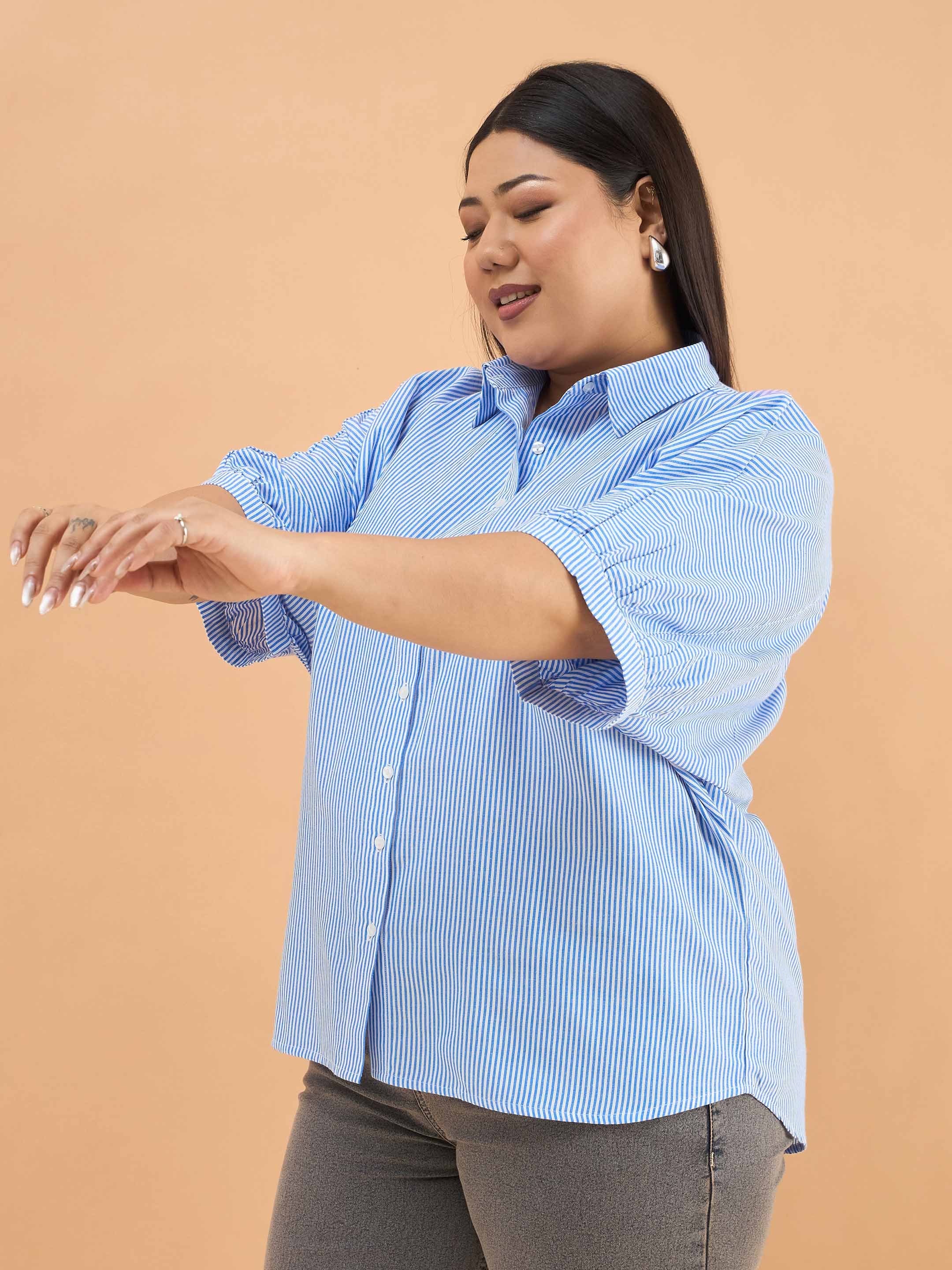 Plus Size Blue Stripes Kimono Sleeves Regular Fit Shirt