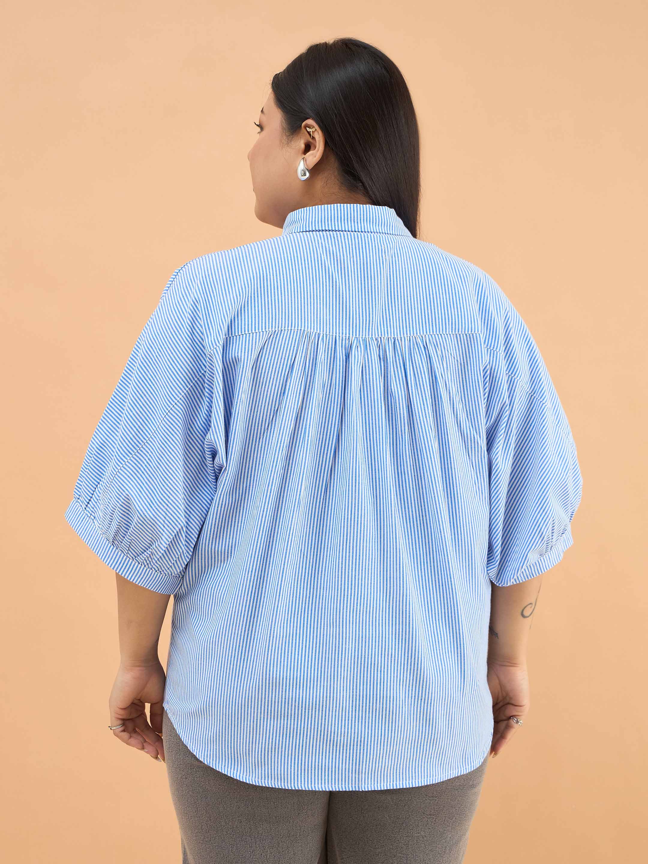 Plus Size Blue Stripes Kimono Sleeves Regular Fit Shirt