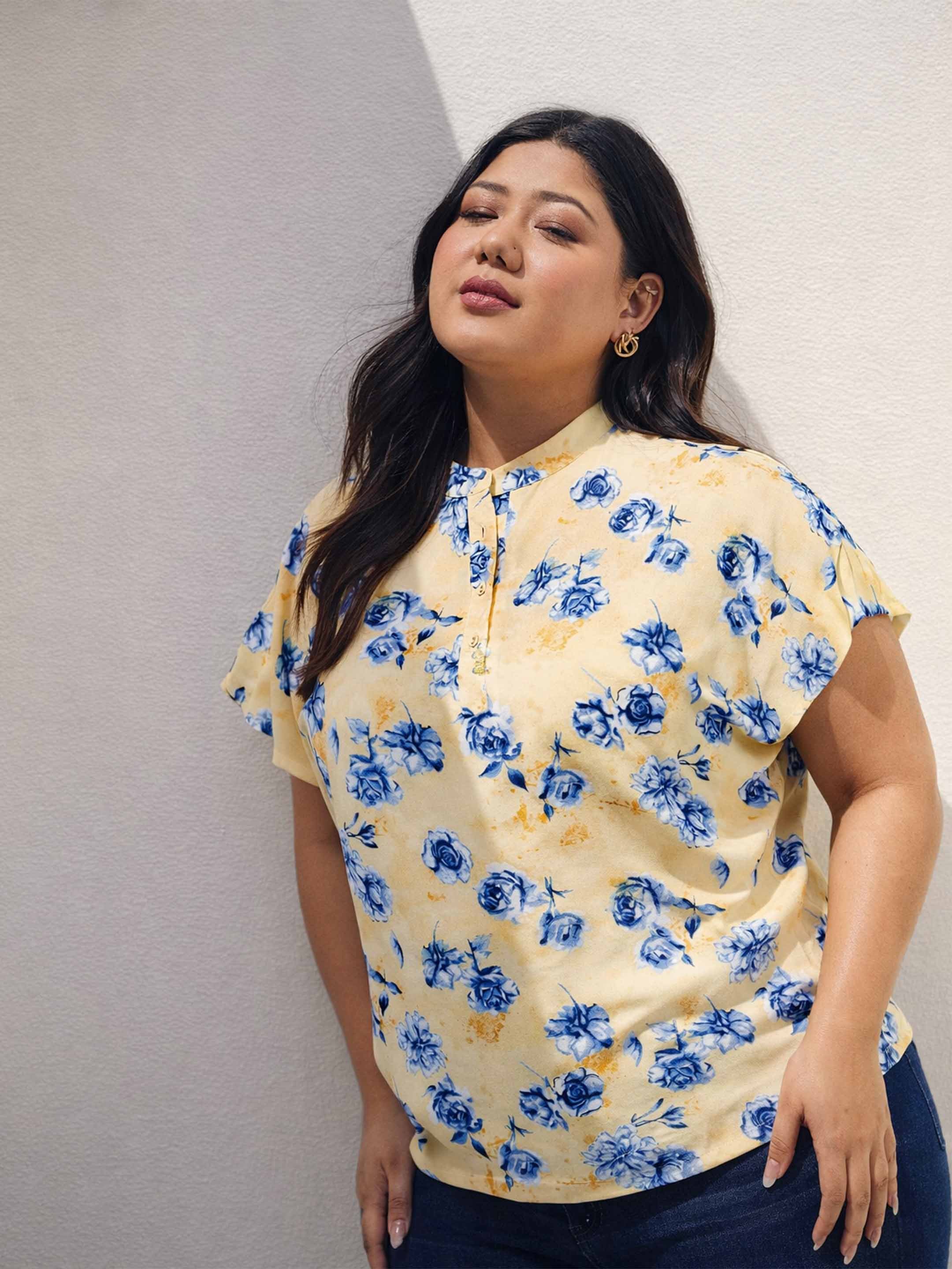 Yellow Plus Floral Mandarin Collar Regular Top