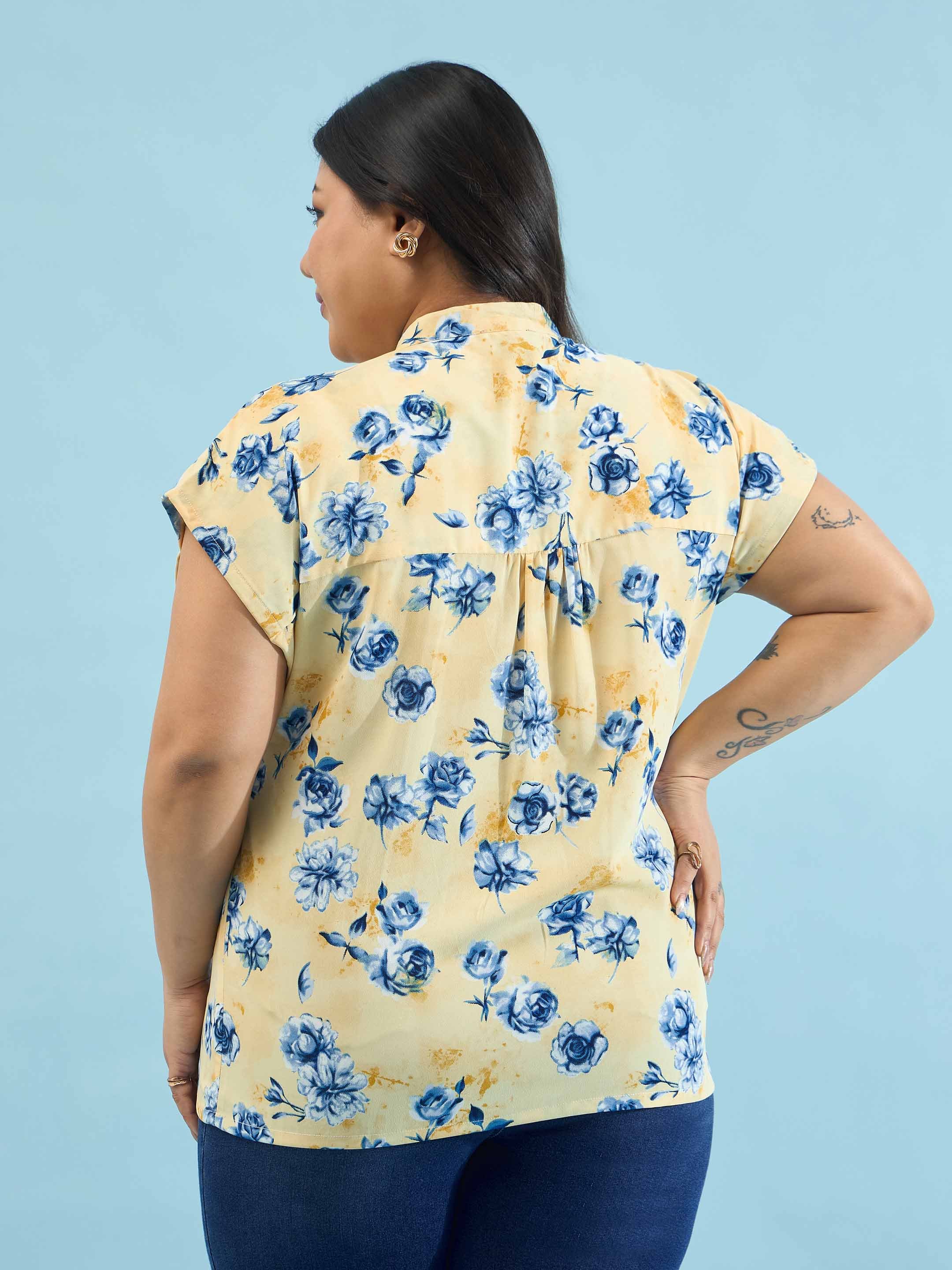 Yellow Plus Floral Mandarin Collar Regular Top