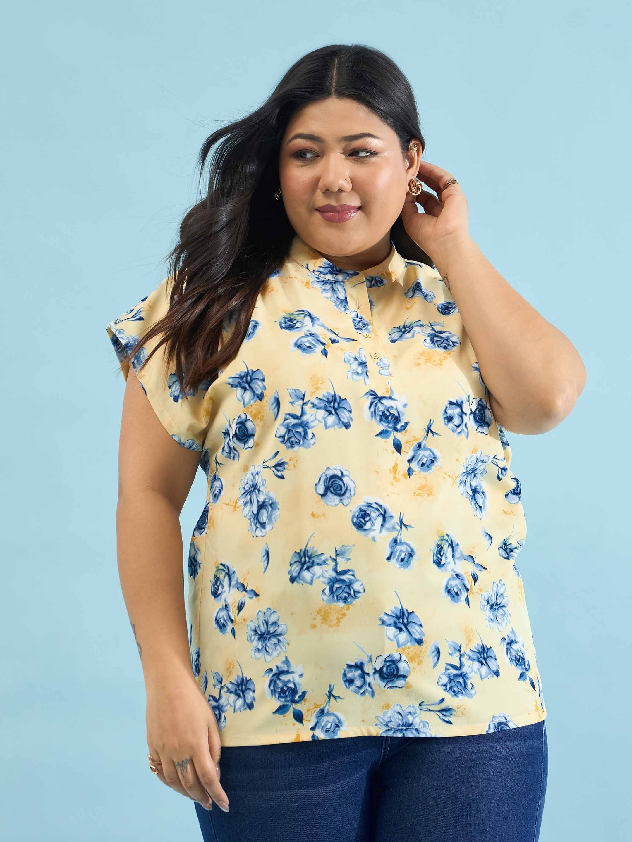 Yellow Plus Floral Mandarin Collar Regular Top