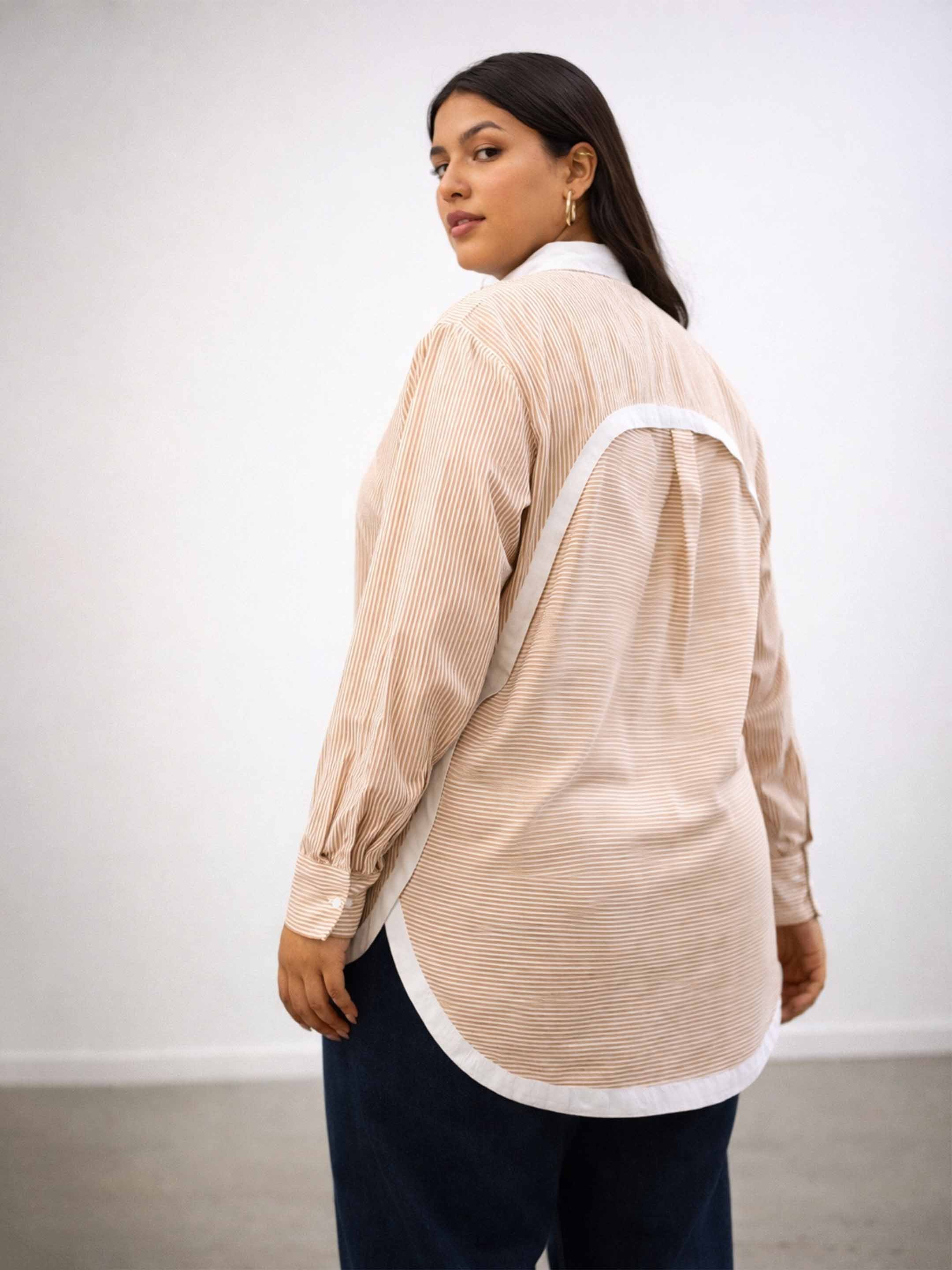 Beige Striped Contrast Trims Shirt