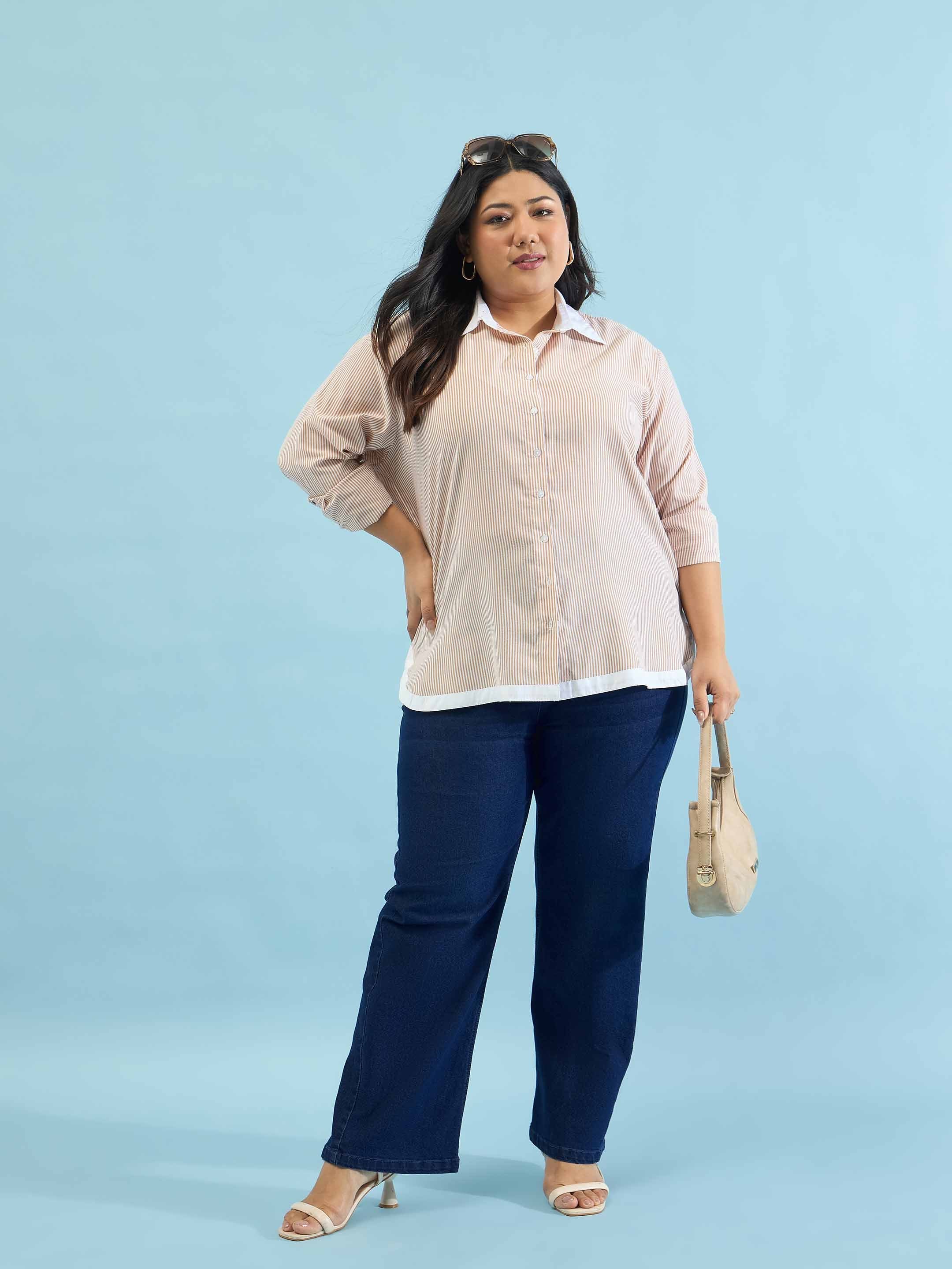 Beige Striped Contrast Trims Shirt