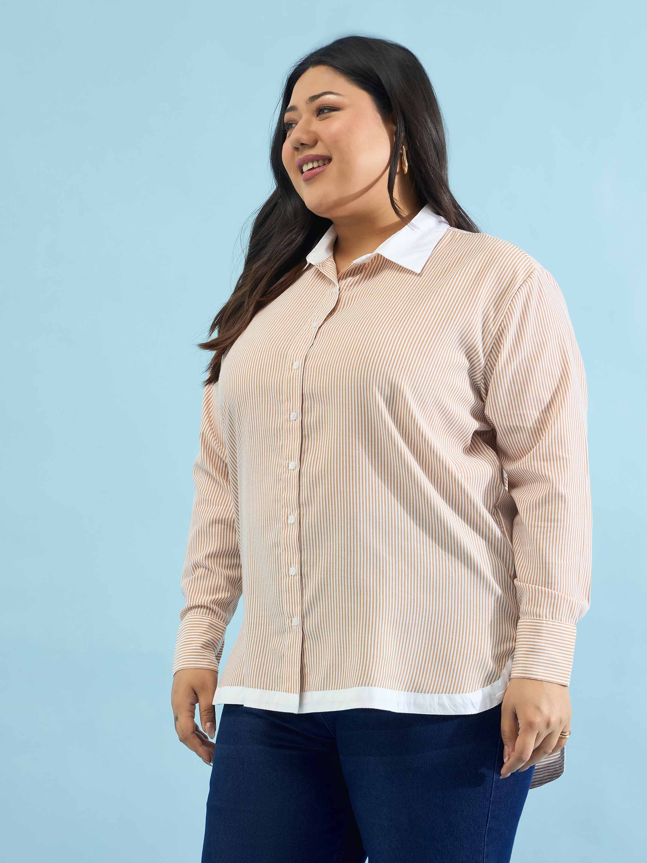 Beige Striped Contrast Trims Shirt