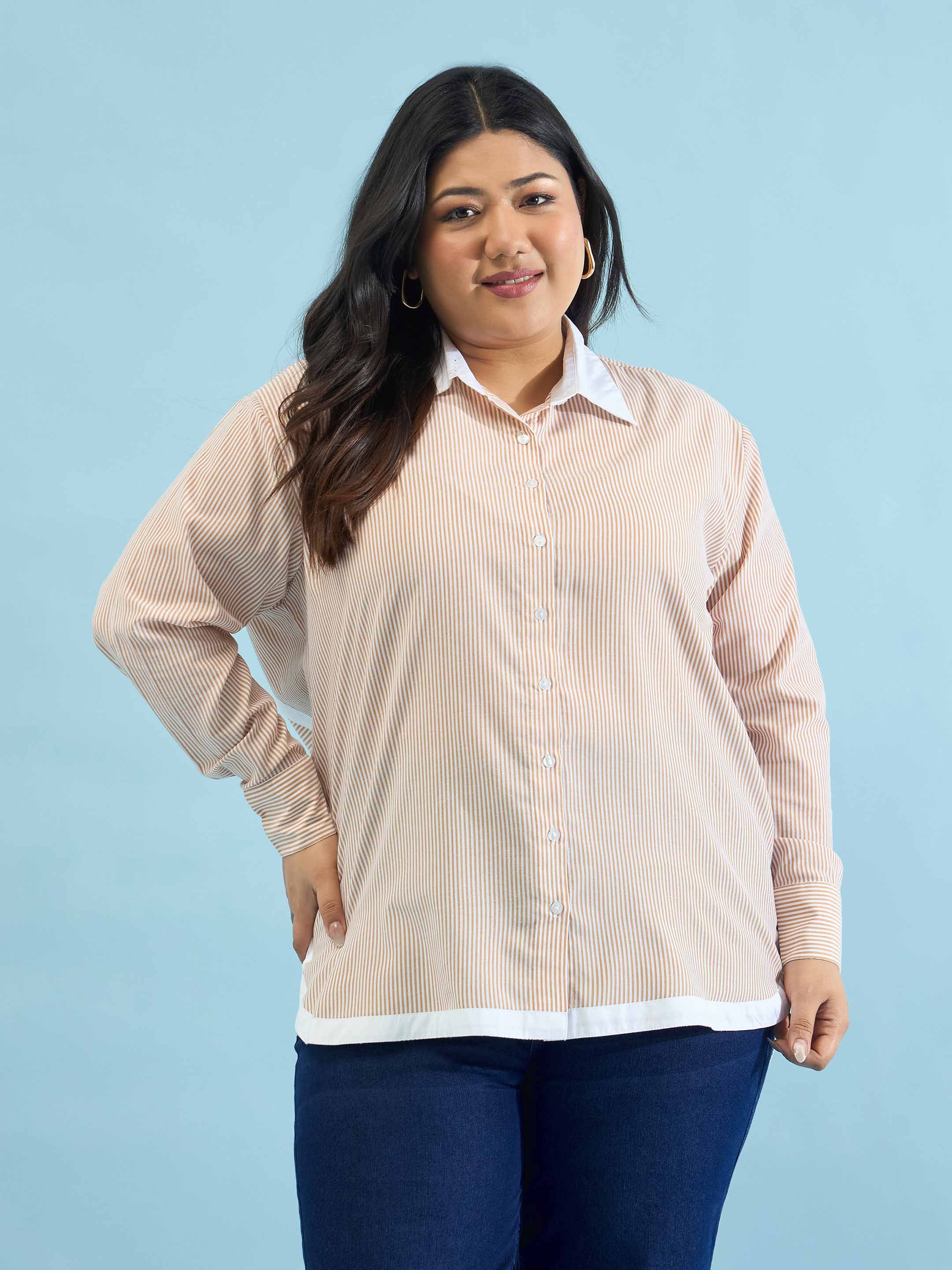 Beige Striped Contrast Trims Shirt
