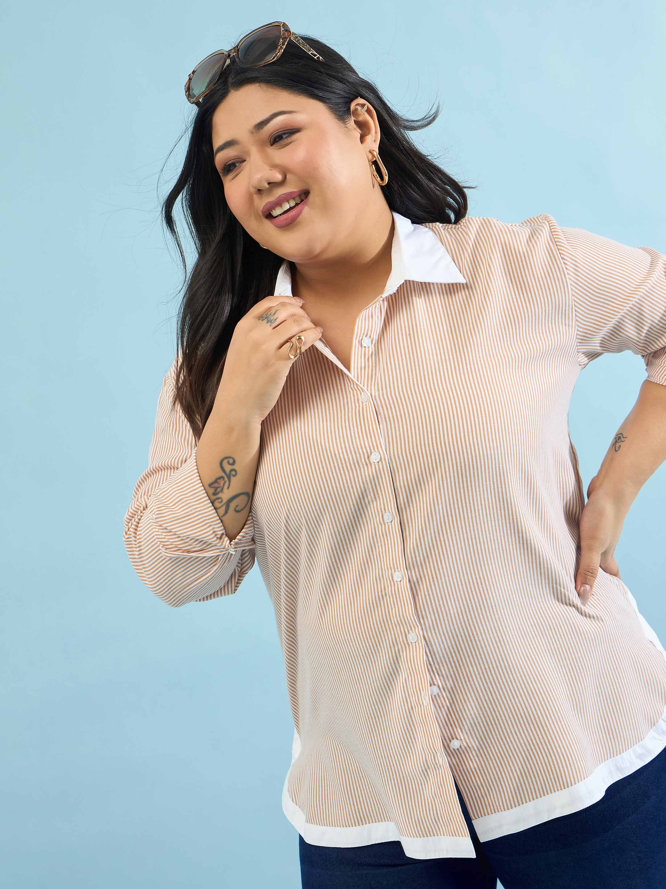 Beige Striped Contrast Trims Shirt
