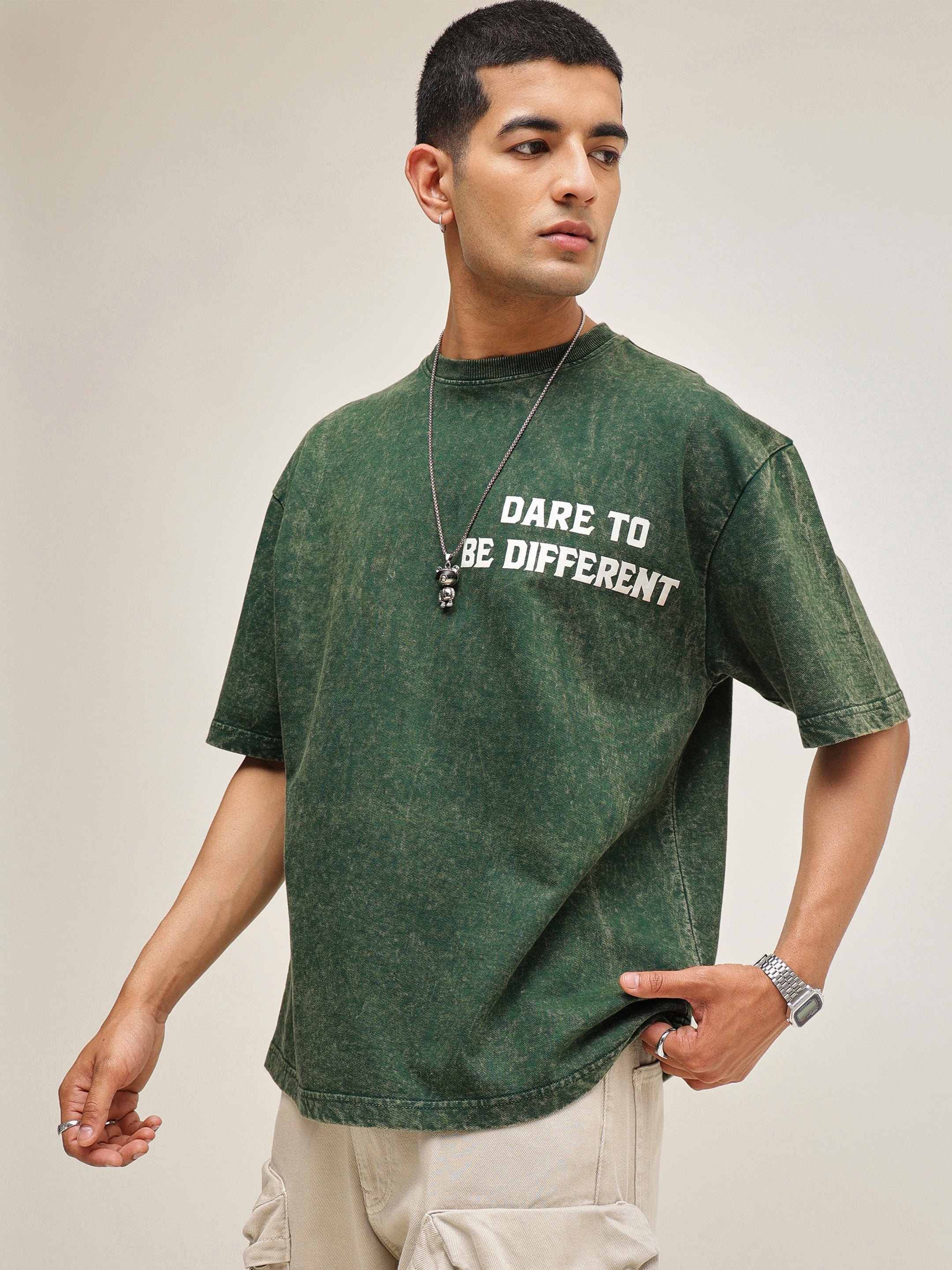 Men Green Overdye Slogan Print Oversized T-Shirt
