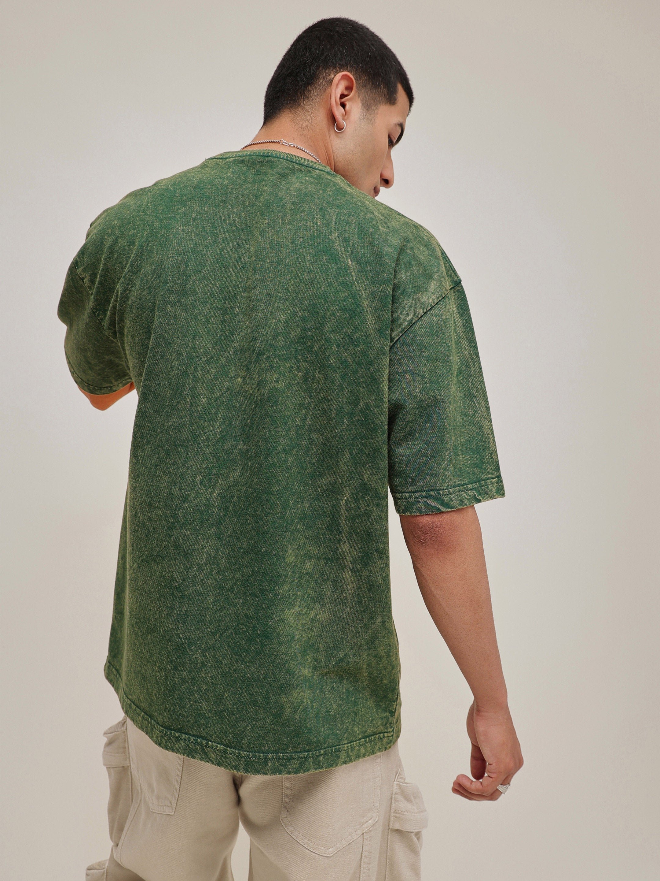 Men Green Overdye Slogan Print Oversized T-Shirt