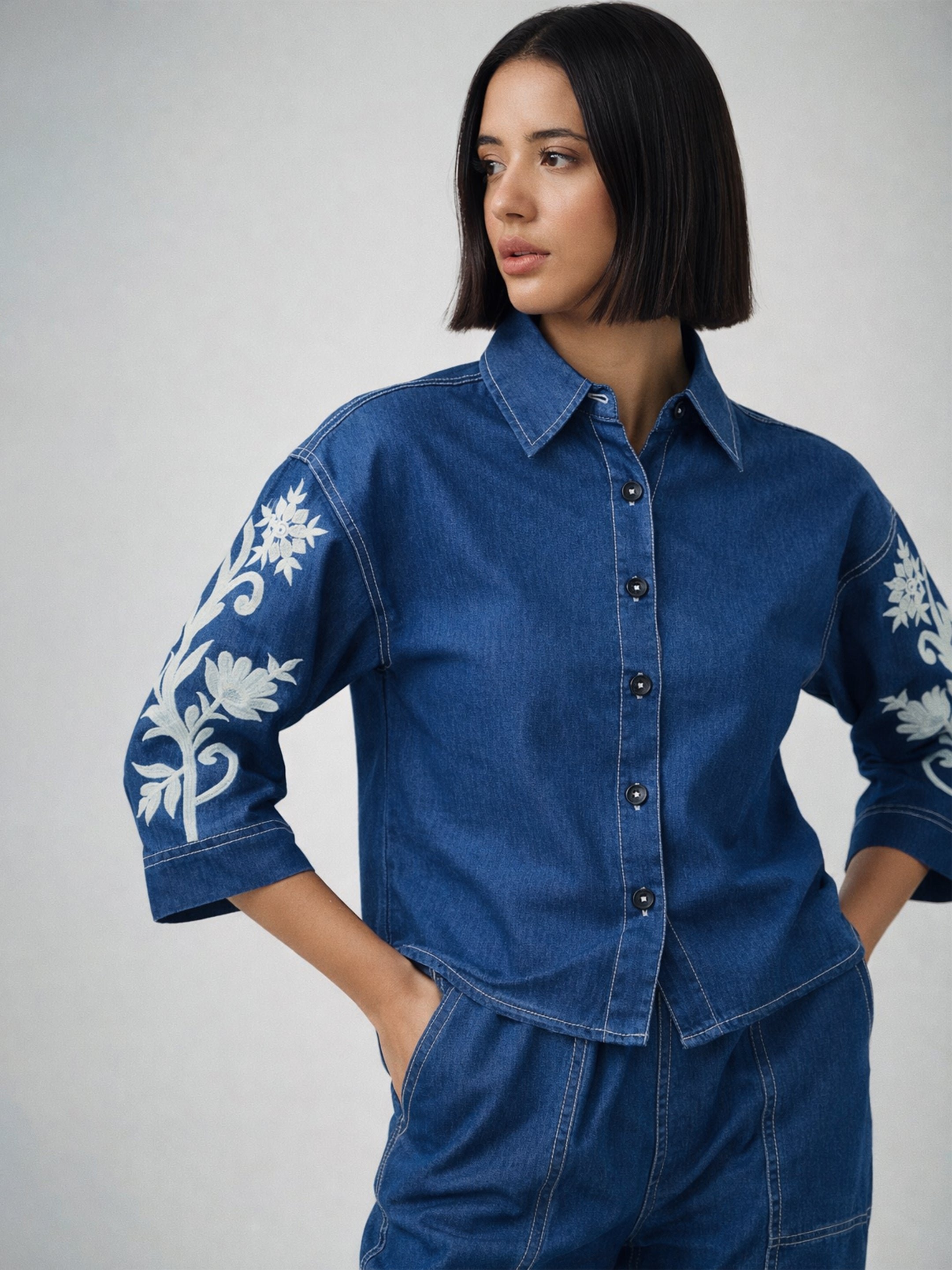 Navy Blue 3/4 Embroidered Sleeves Denim Crop Shirt