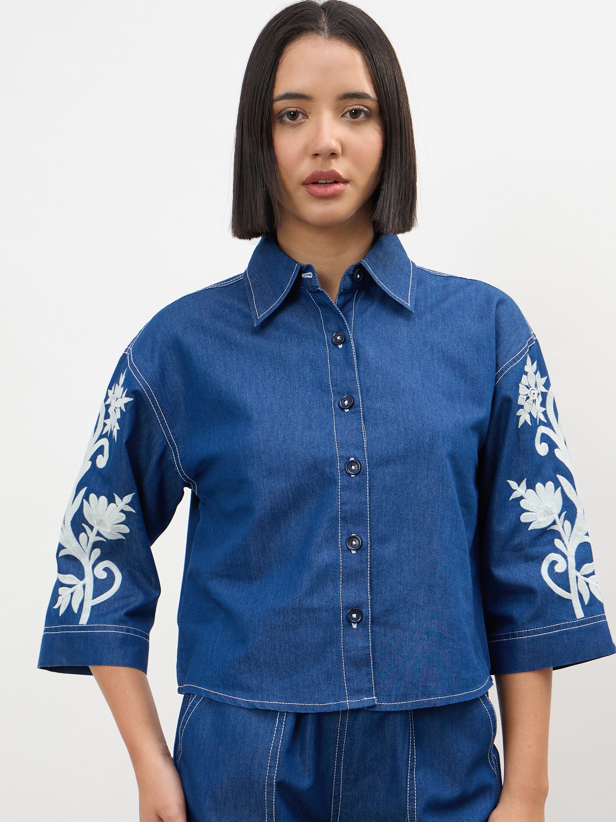 Navy Blue 3/4 Embroidered Sleeves Denim Crop Shirt