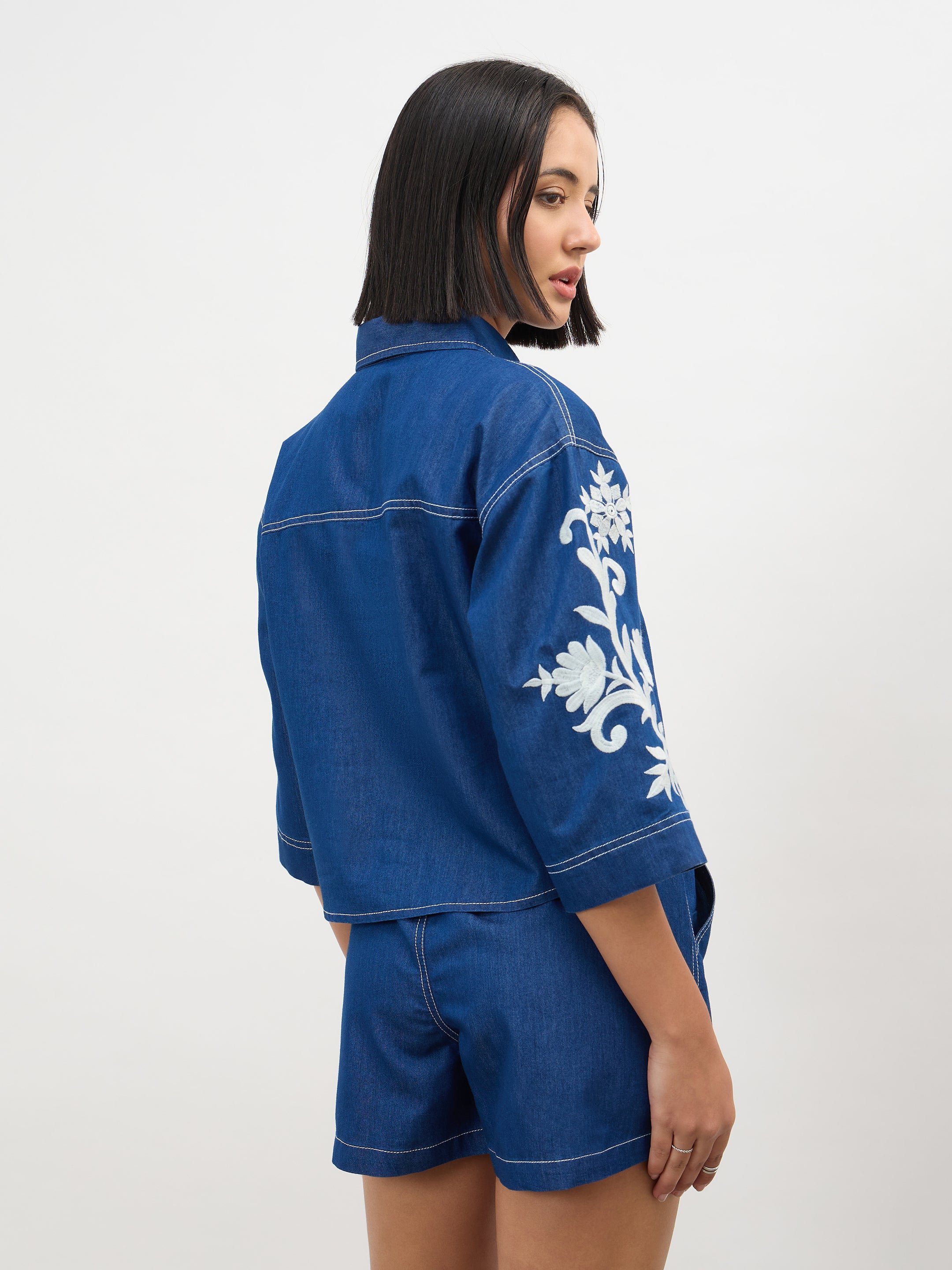 Navy Blue 3/4 Embroidered Sleeves Denim Crop Shirt