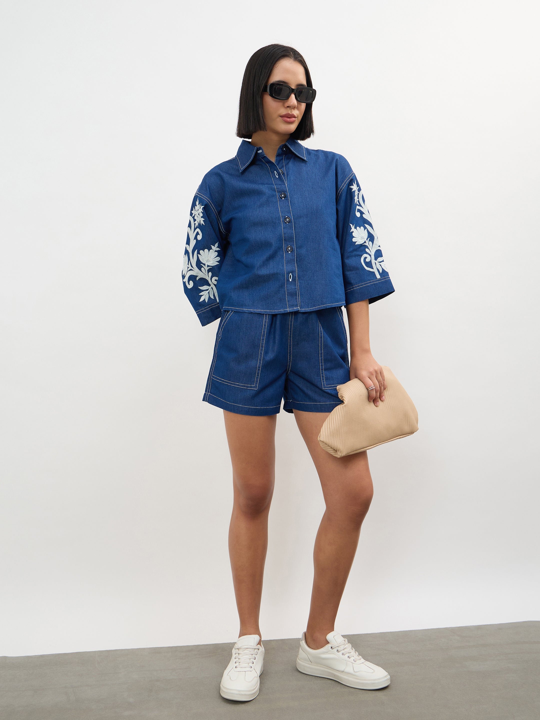 Navy Blue 3/4 Embroidered Sleeves Denim Crop Shirt