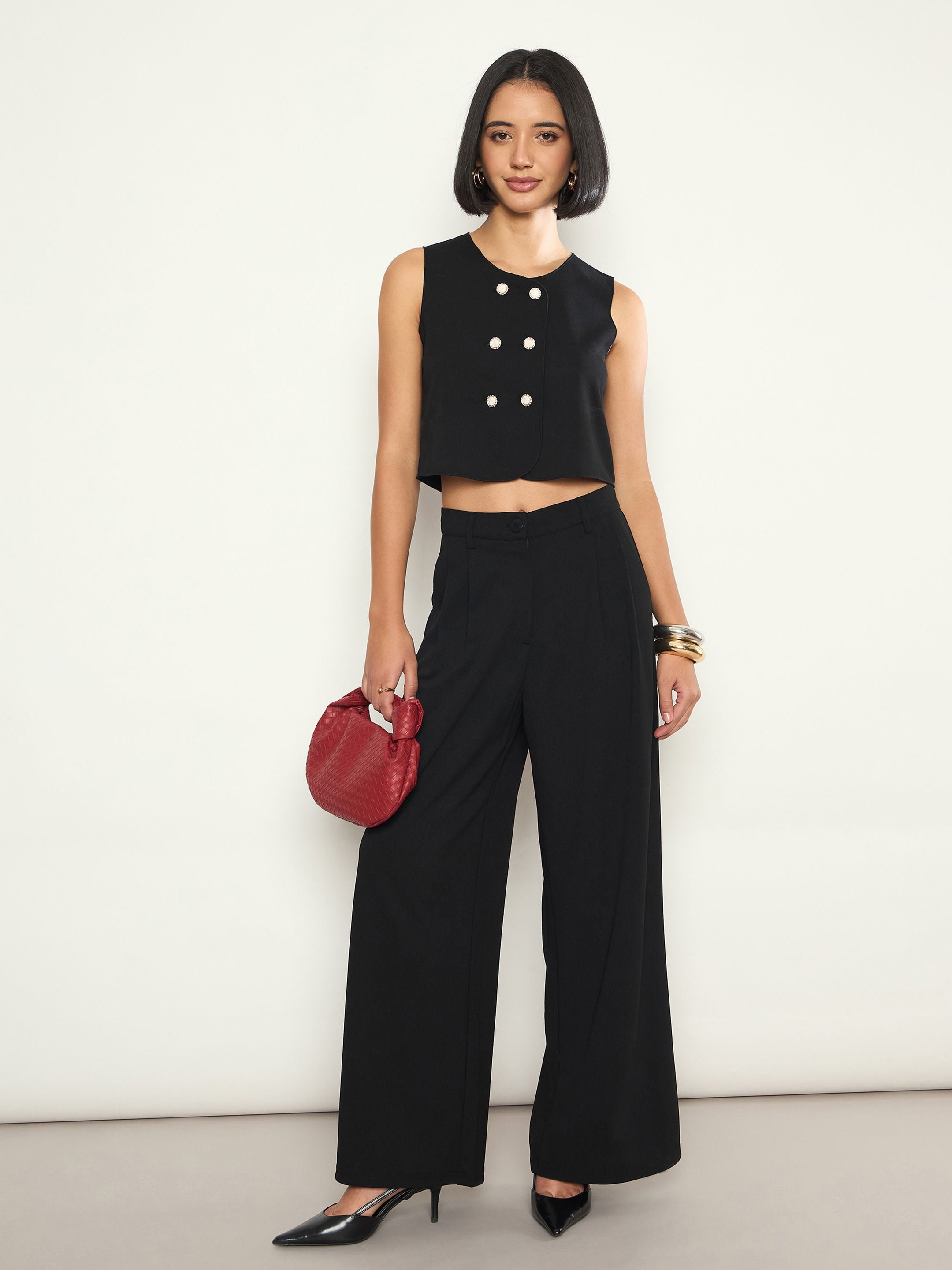 Black Double Breasted Crop Top and Wide Leg Pants Set