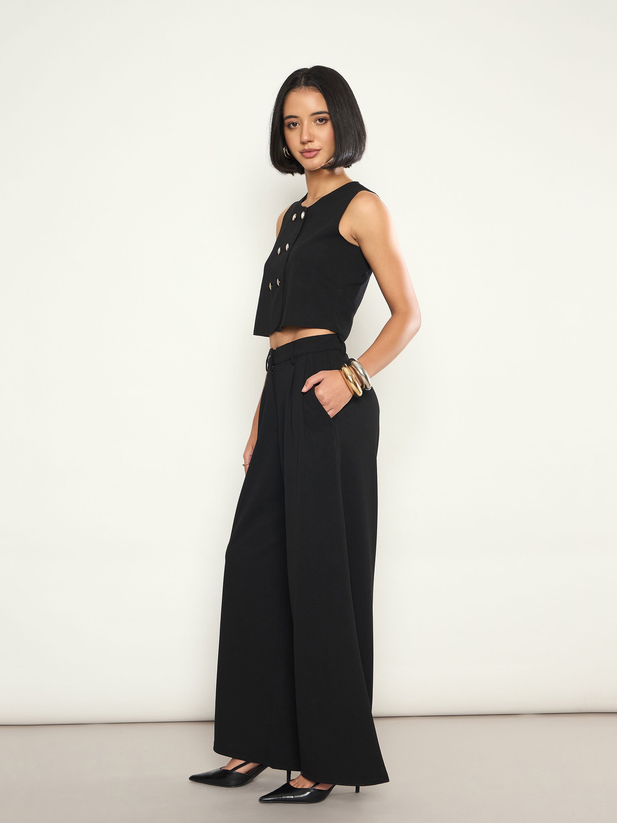 Black Double Breasted Crop Top and Wide Leg Pants Set