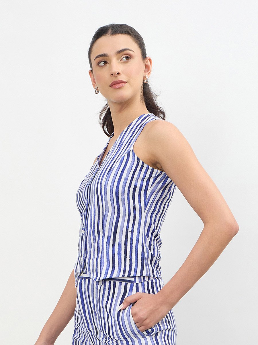 Blue Linen Striped V Neck Front Button Vest Top