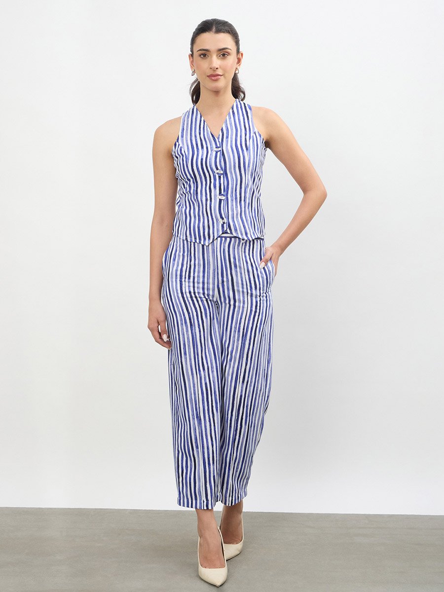 Blue Linen Striped V Neck Front Button Vest Top