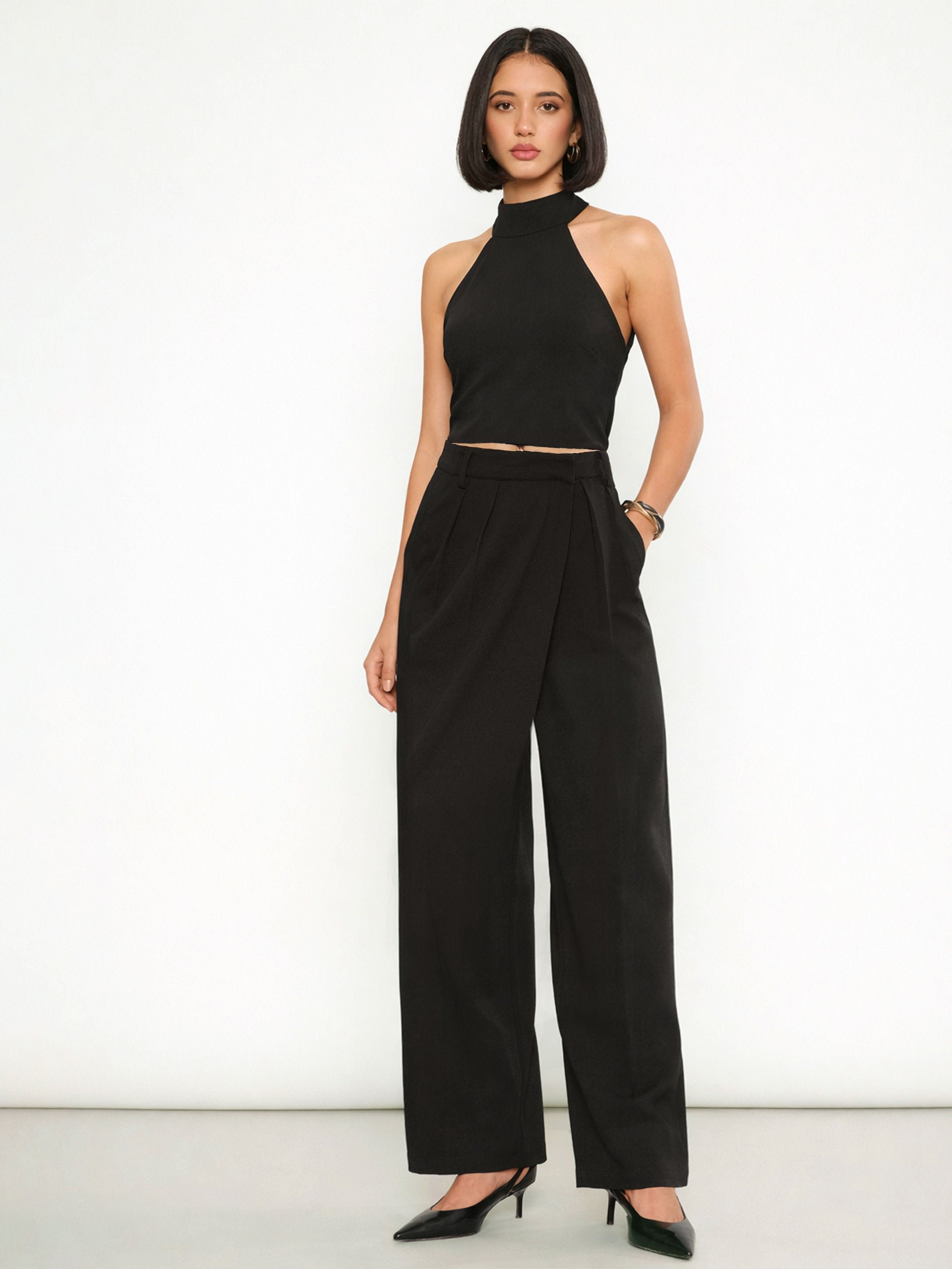 Black Halter Neck Top and Wrap Straight Pants Set