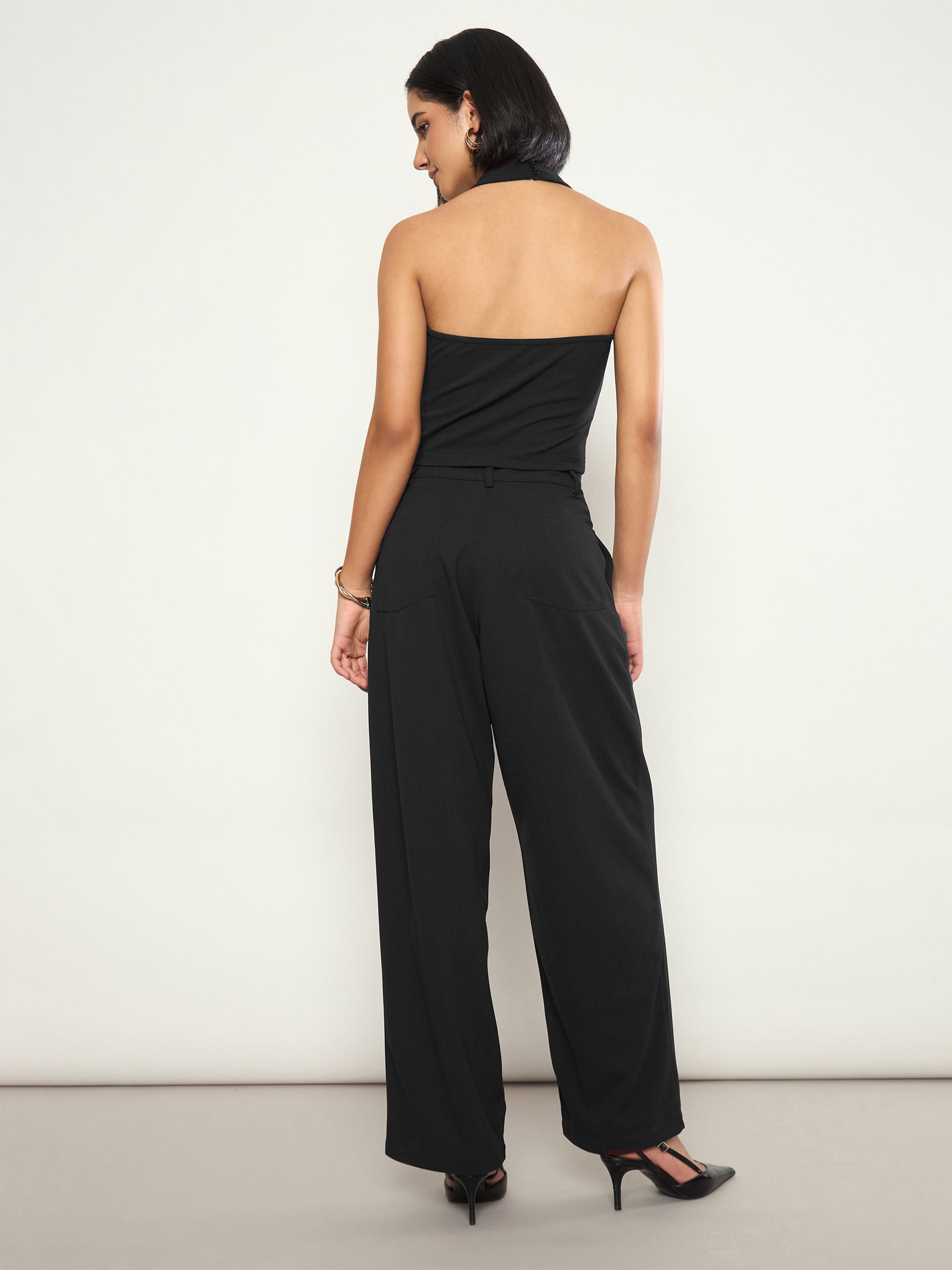 Black Halter Neck Top and Wrap Straight Pants Set