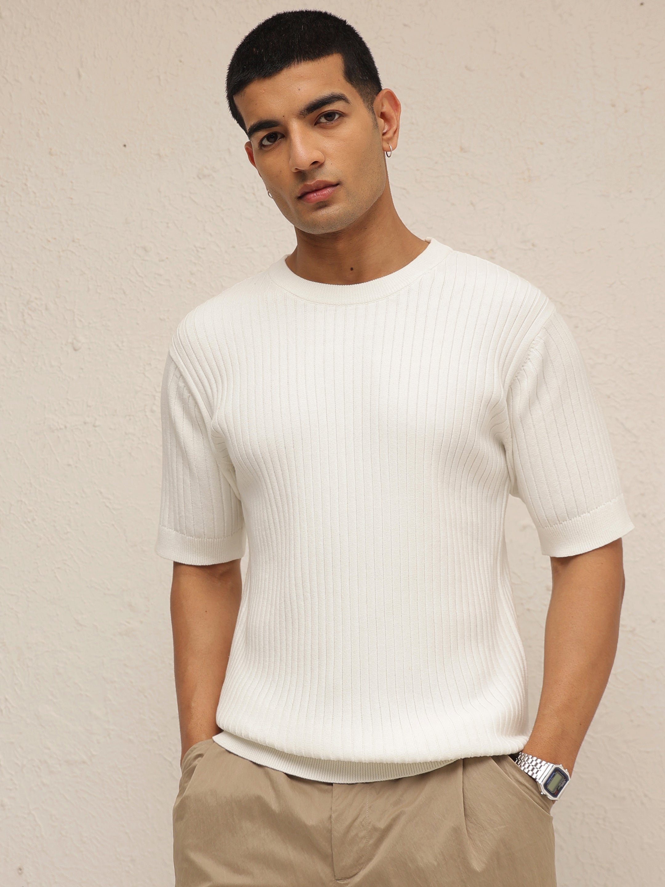 Men White Round Neck Relaxed Fit T-Shirt