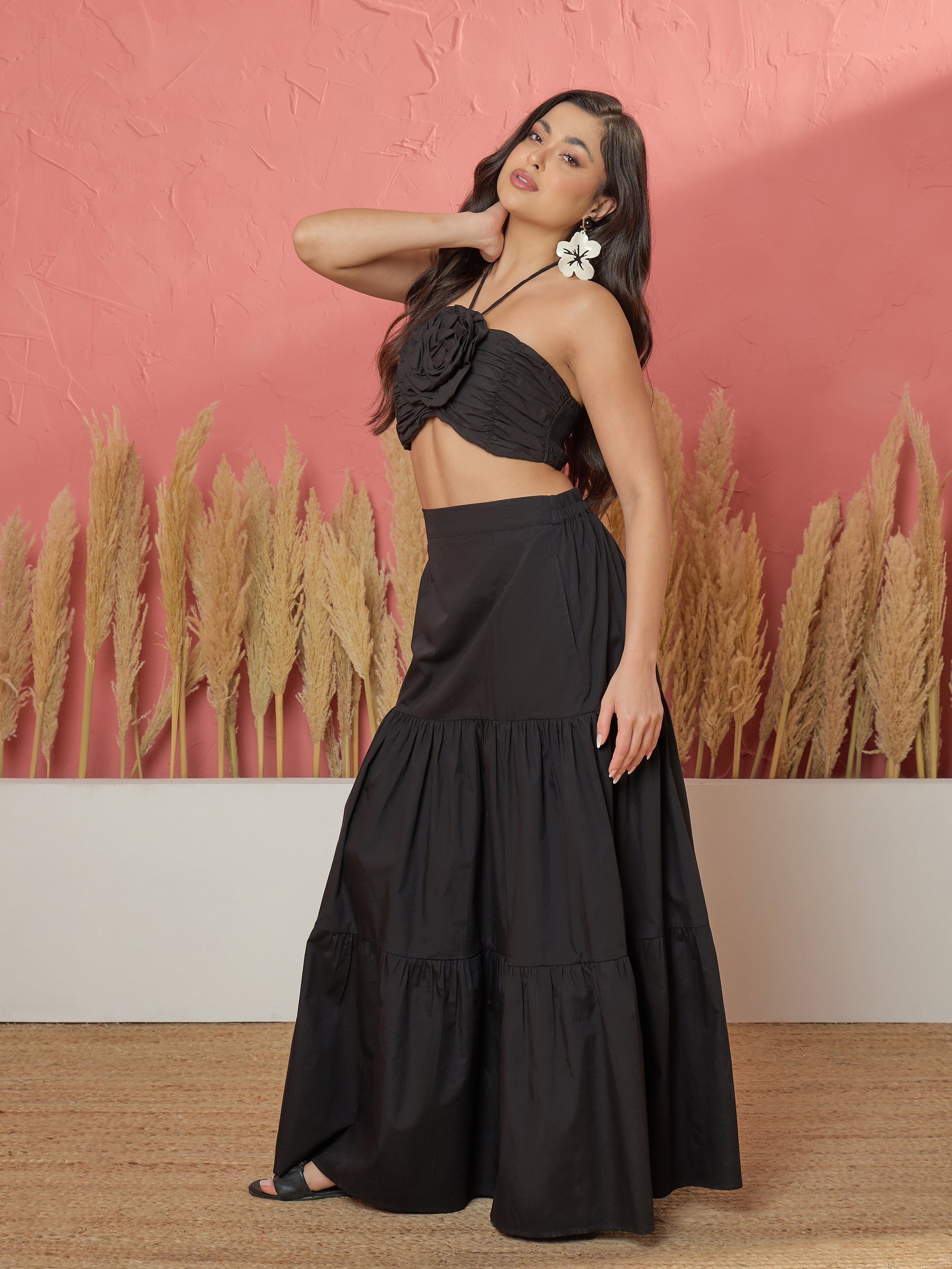 Black Front Corsage Crop Top and Tiered Skirt Set
