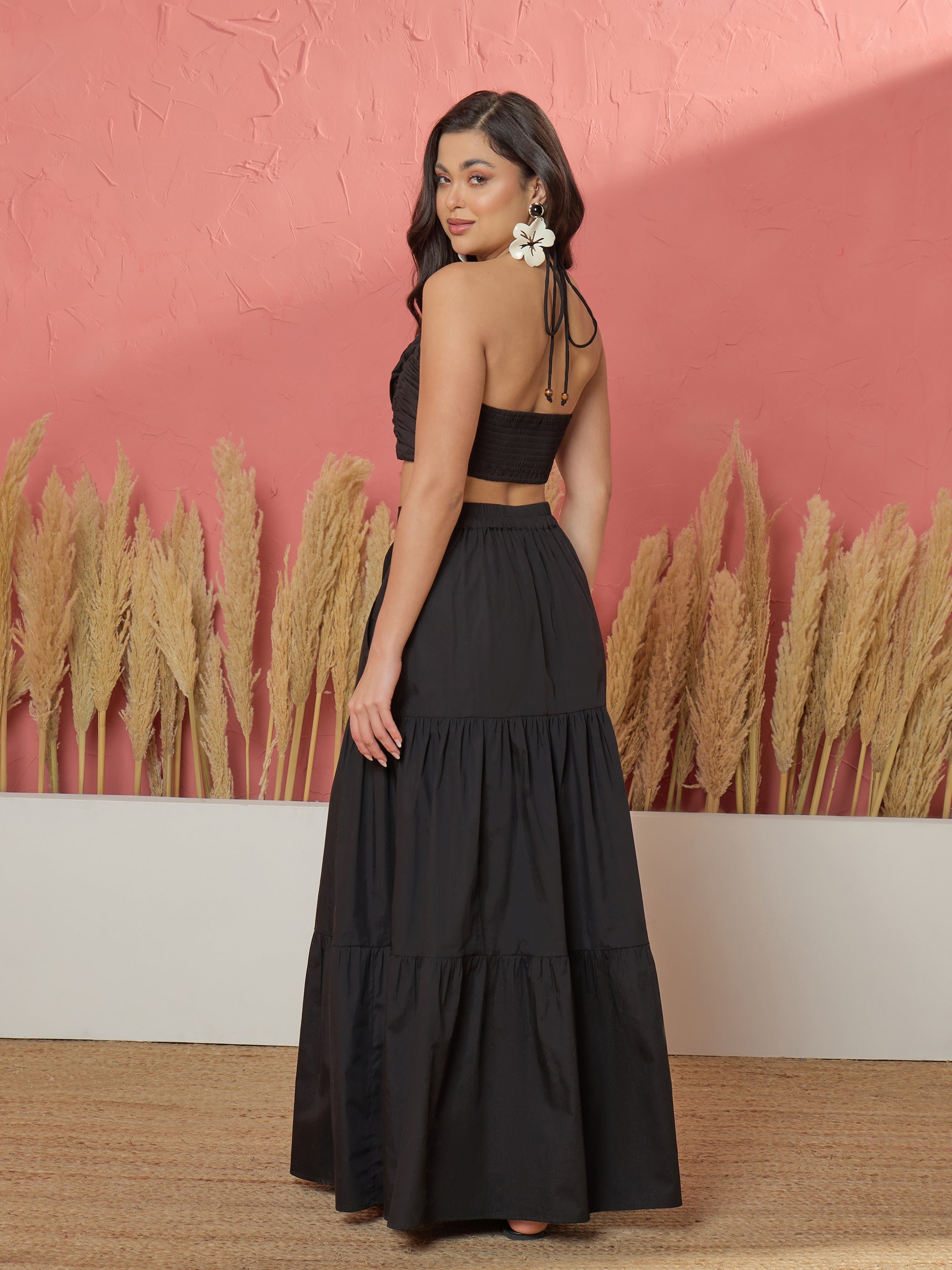 Black Front Corsage Crop Top and Tiered Skirt Set